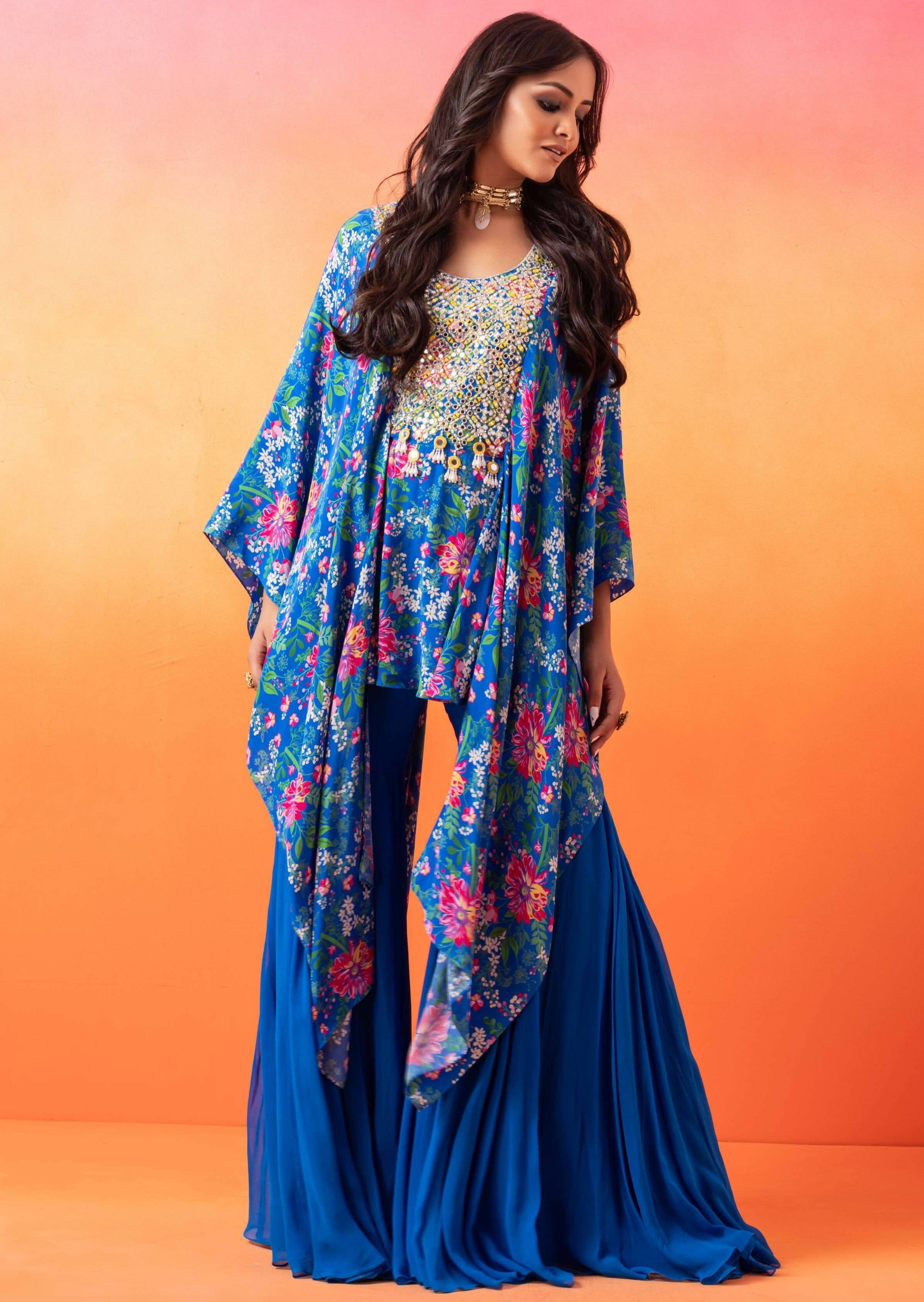 Electric Blue Floral Kaftan Top and Gharara