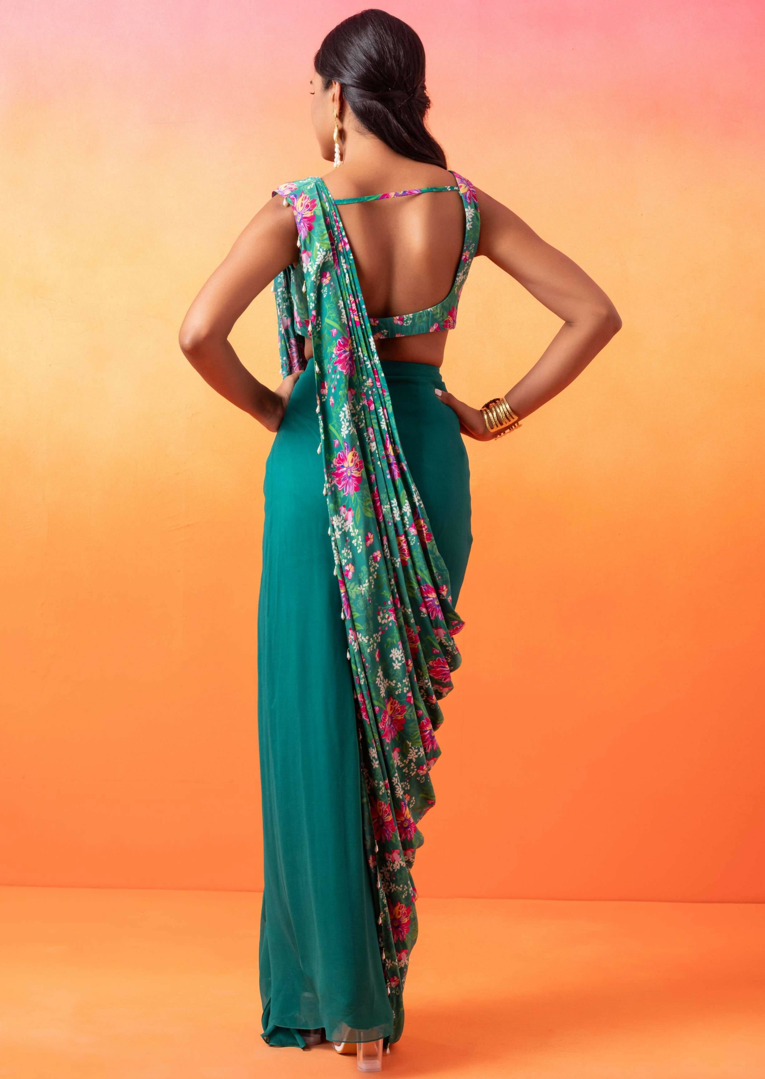 Emerald Green Floral Printed Choli & Skirt Set