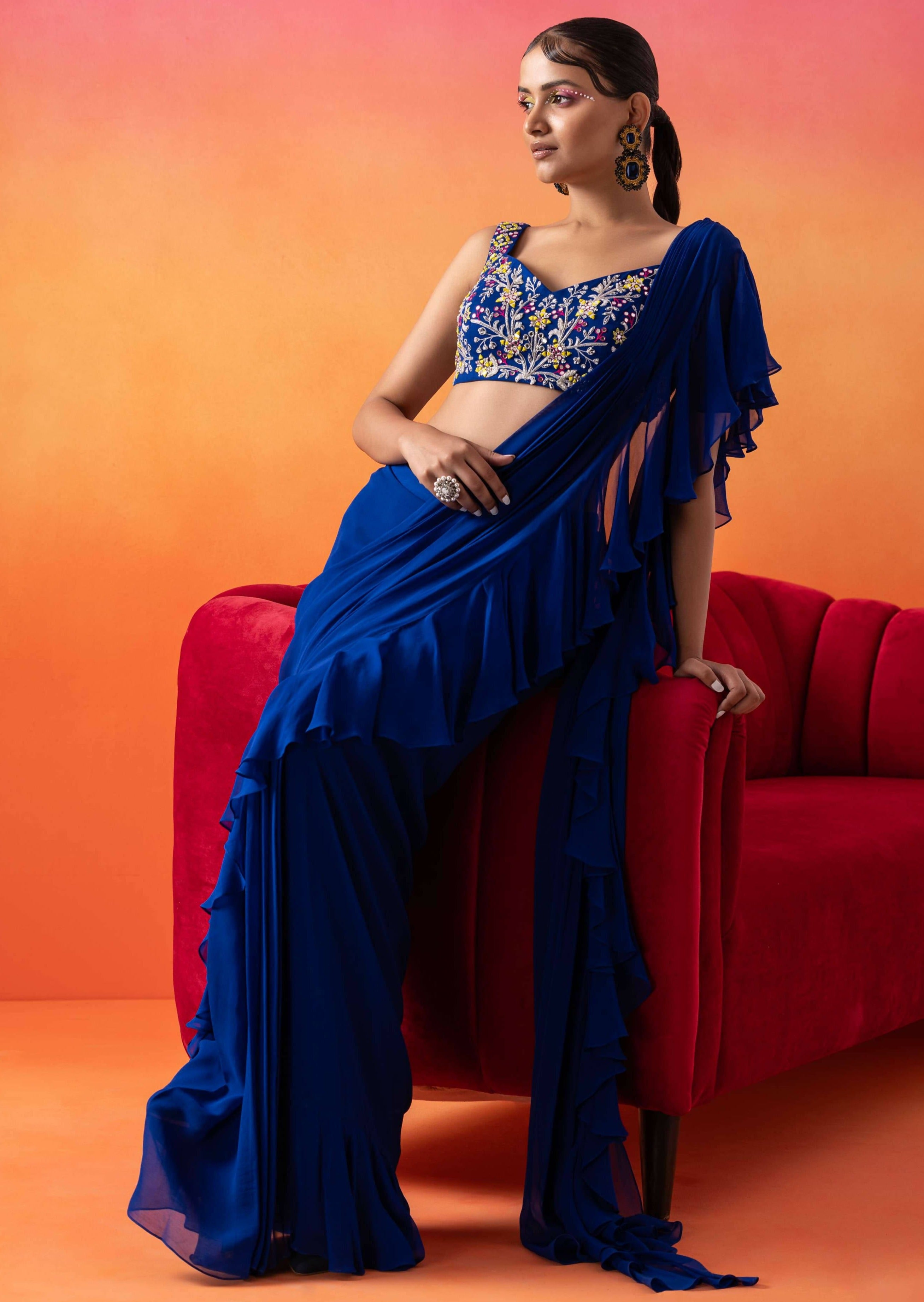 Electric Blue Ruffle Sari