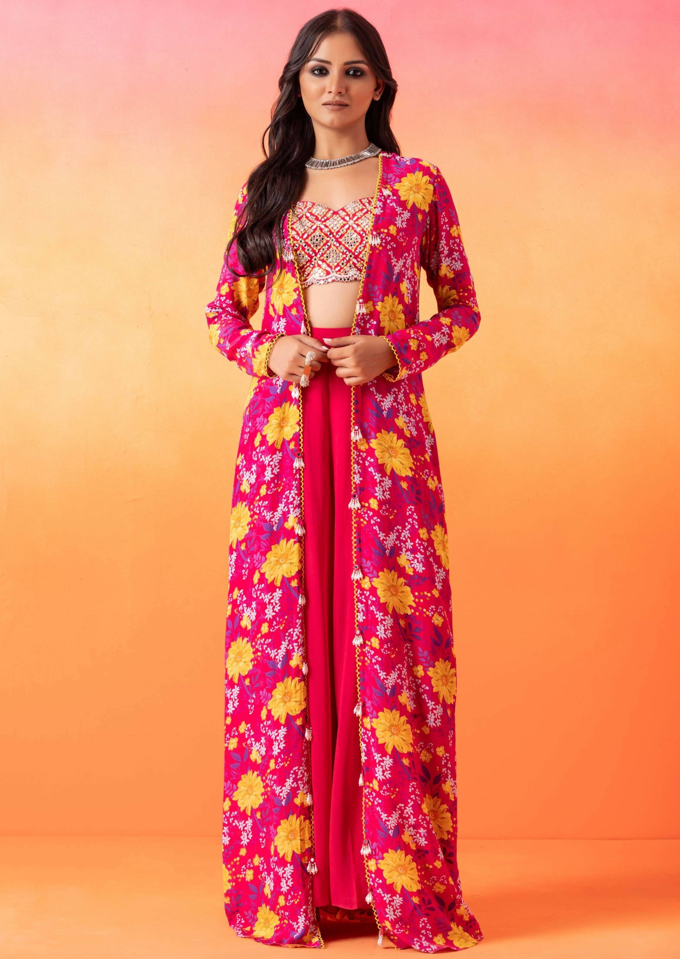 Fuschia Pink Floral Print Pant Set