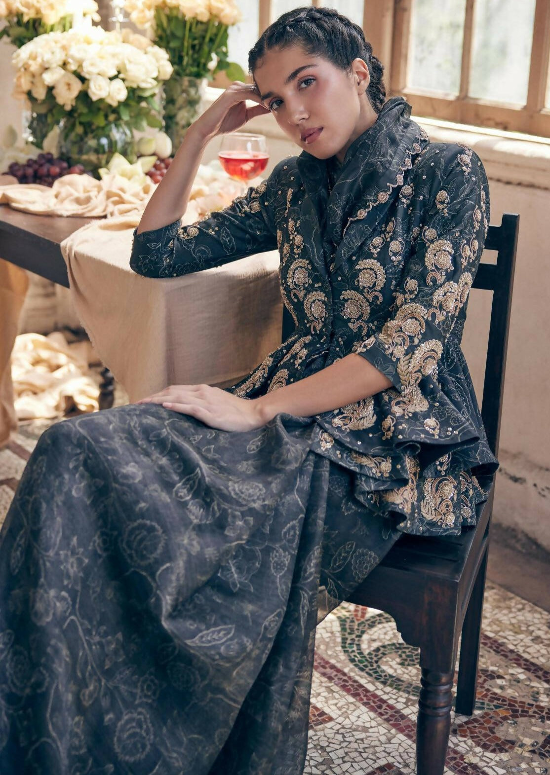 Black Deer Printed Sari Set