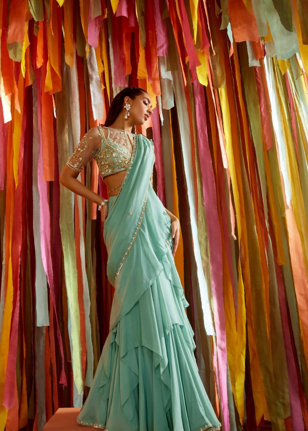 Mint Green Tiered Ruffle Sari