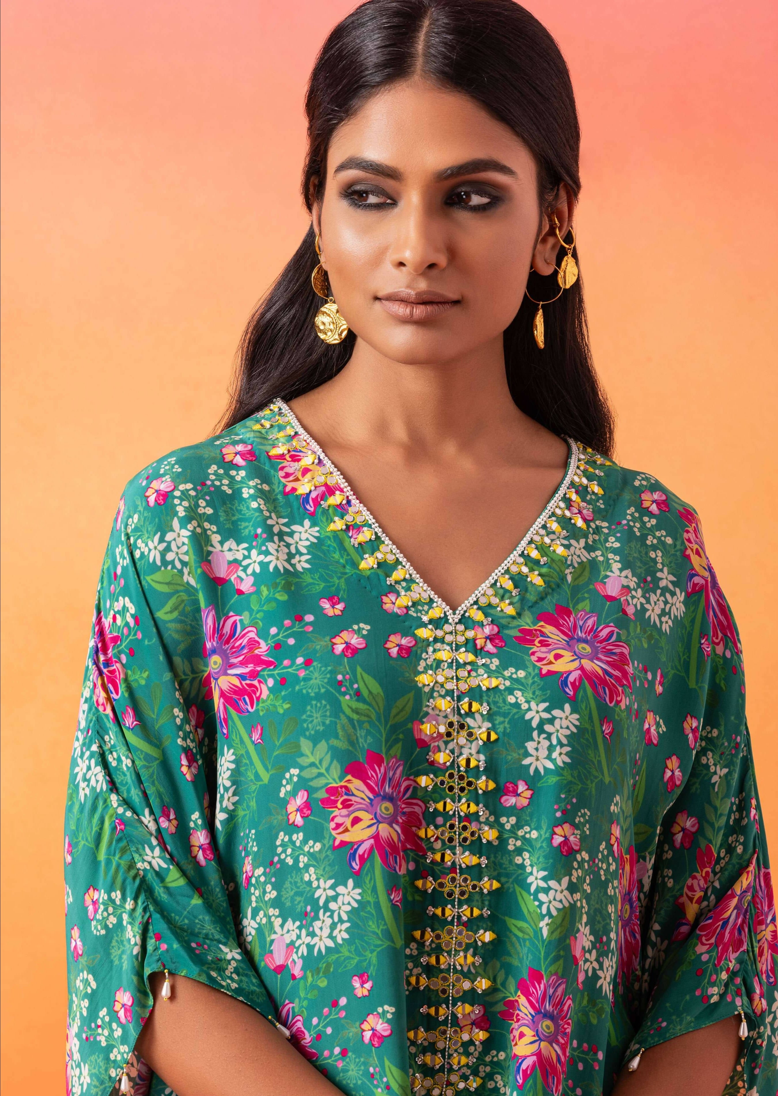 Emerald Green Floral Printed Kaftan with Gharara