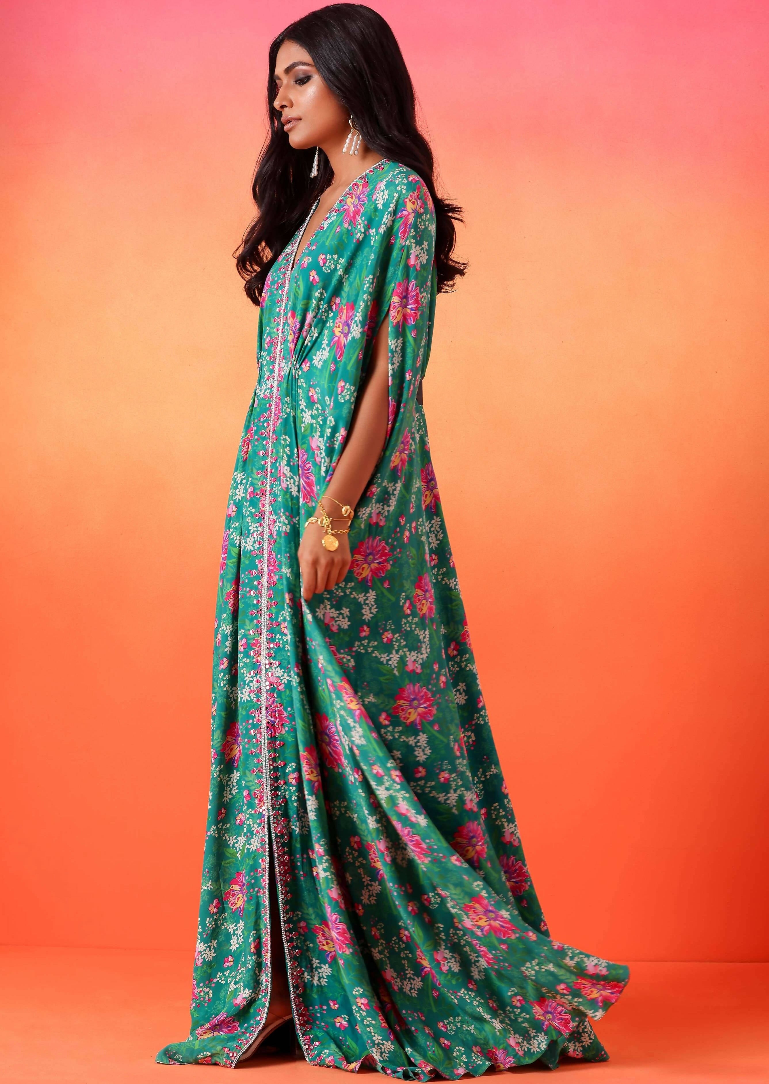 Emerald Green Floral Printed Kaftan