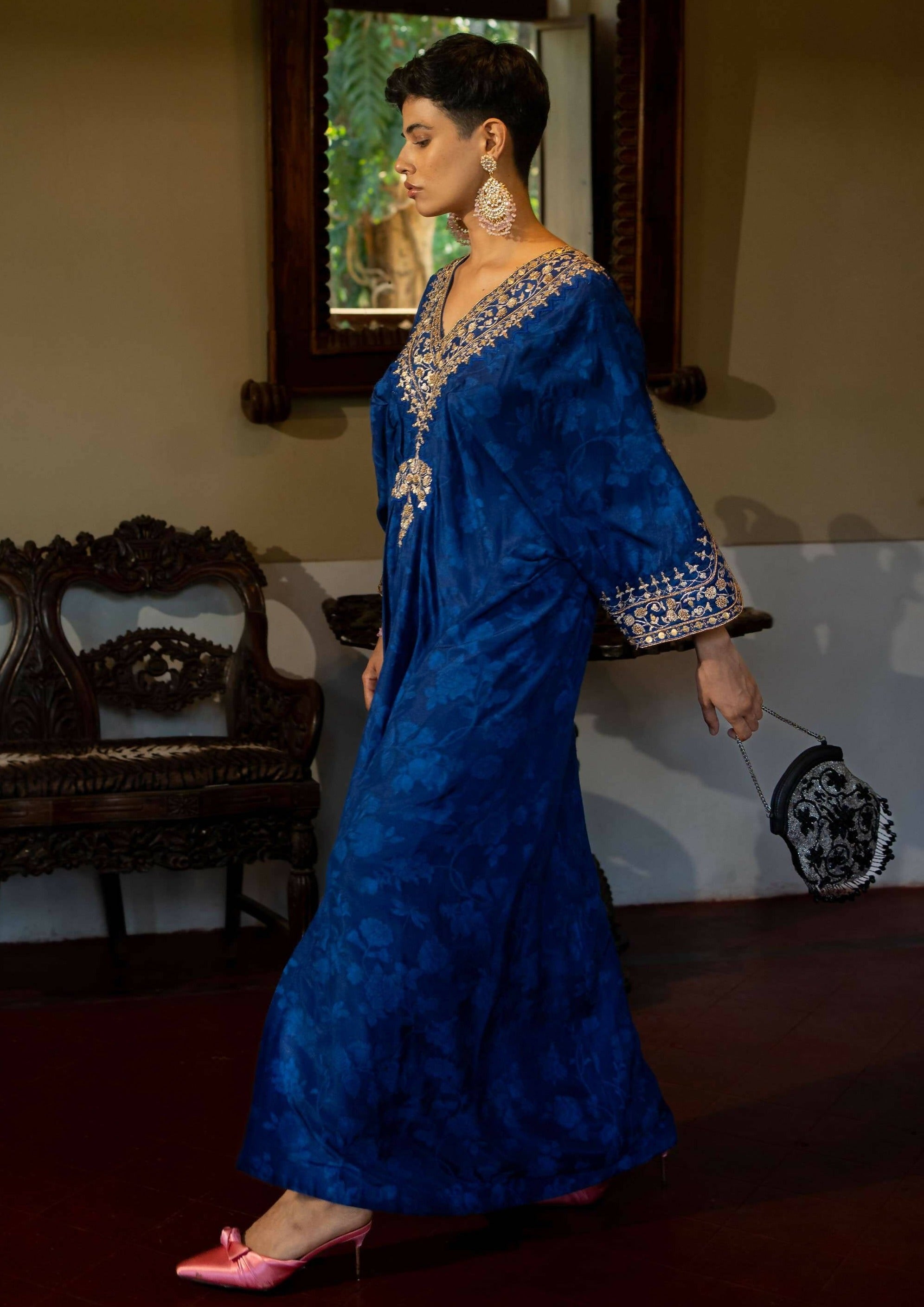 Royal Blue Self Woven Kaftan