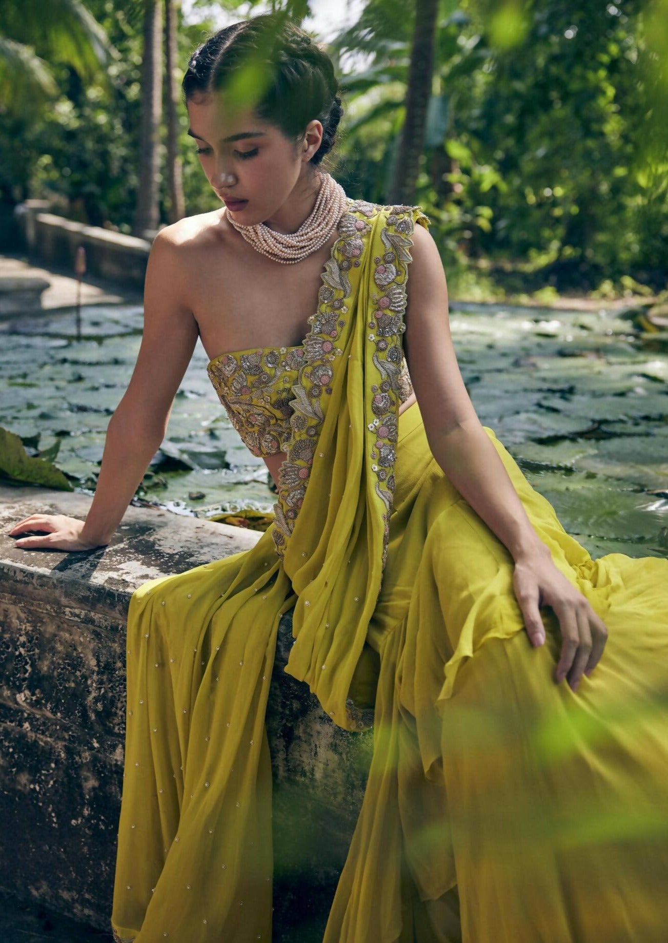 Lime Yellow Pre-Stitched Sari Set