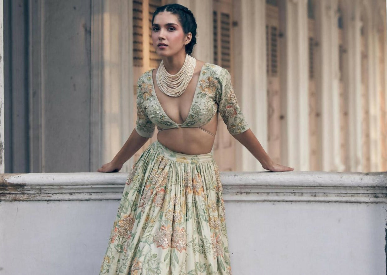 Ivory Orange Floral Lehenga Set