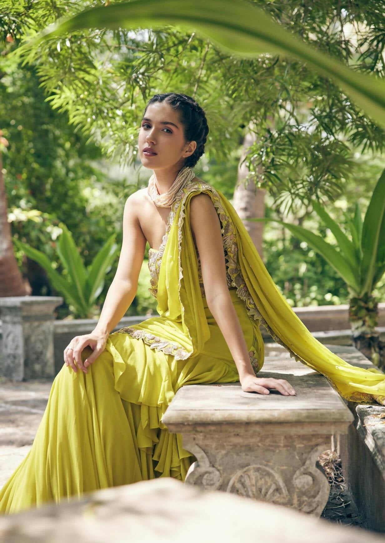 Lime Yellow Pre-Stitched Sari Set