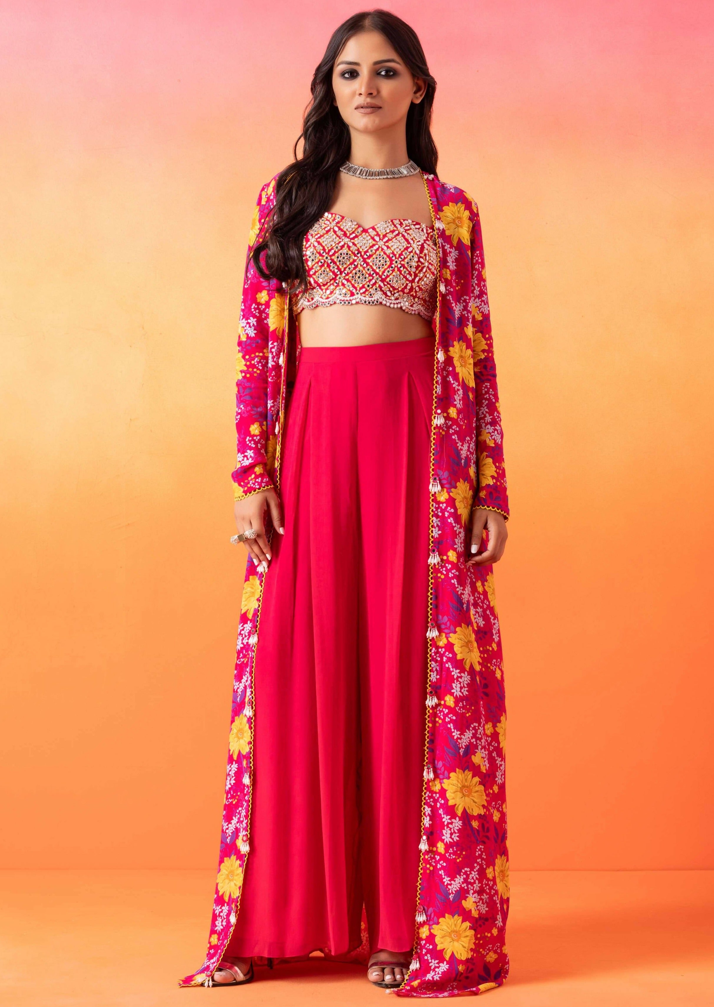 Fuschia Pink Floral Print Pant Set