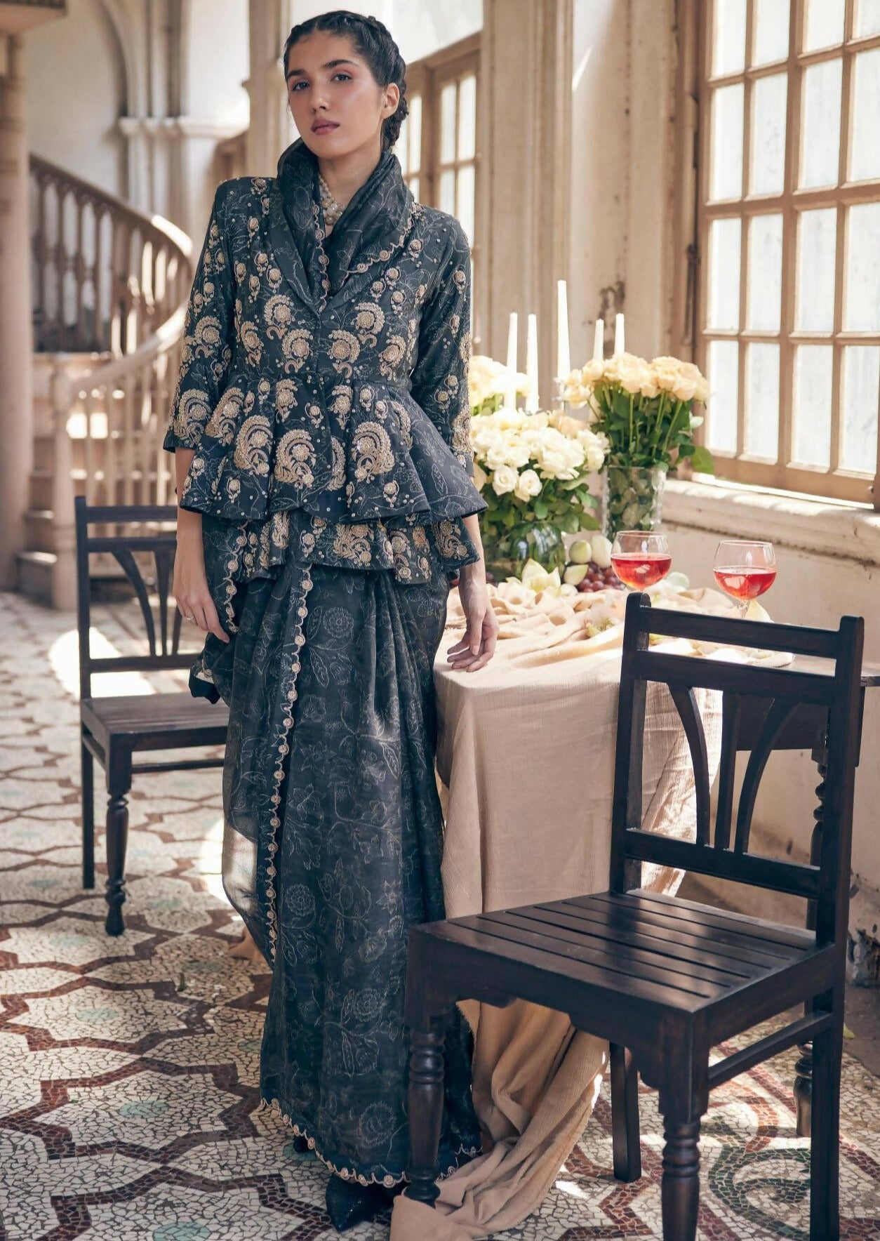 Black Deer Printed Sari Set