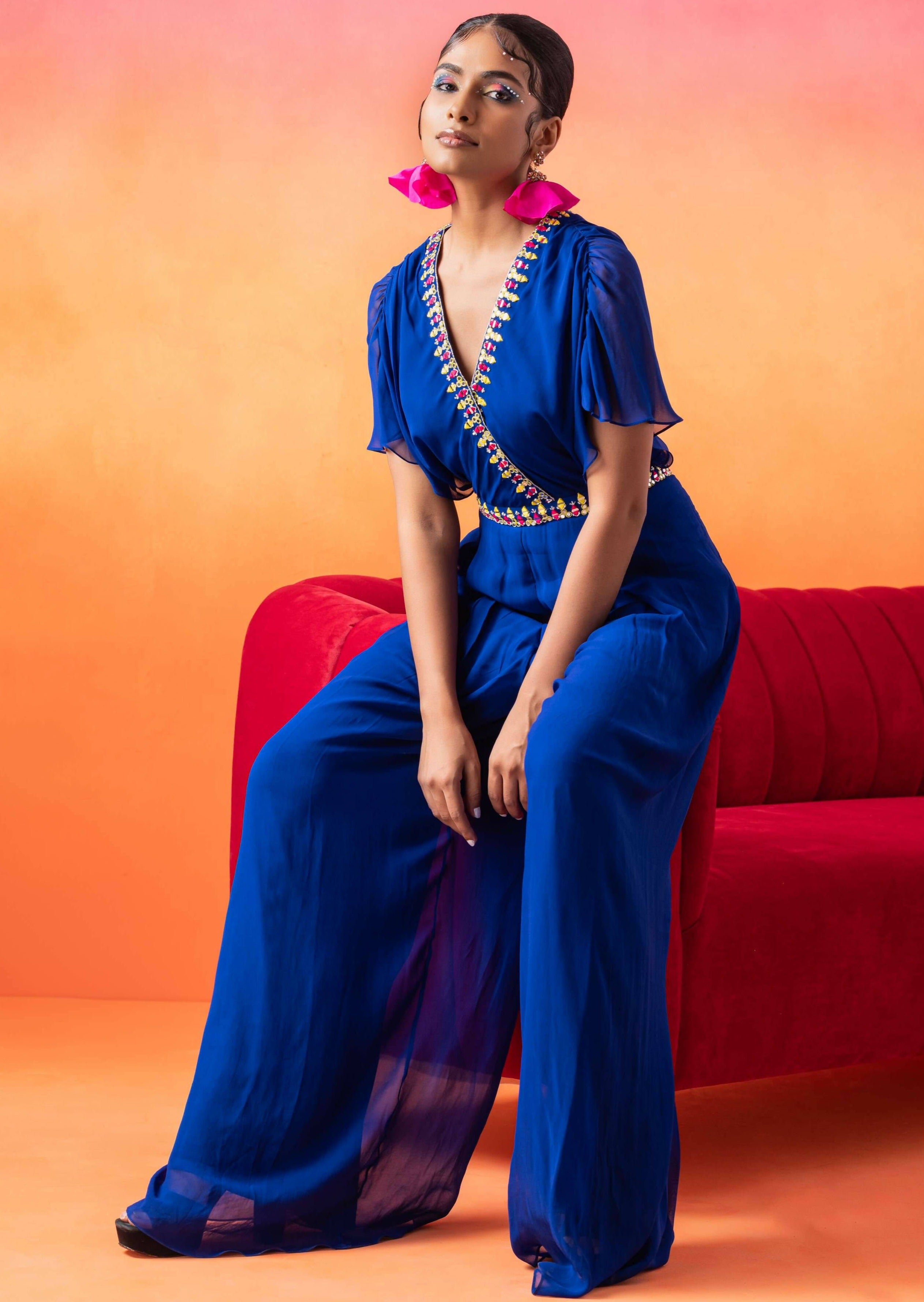 Electric Blue Pre-Draped Jumpsuit