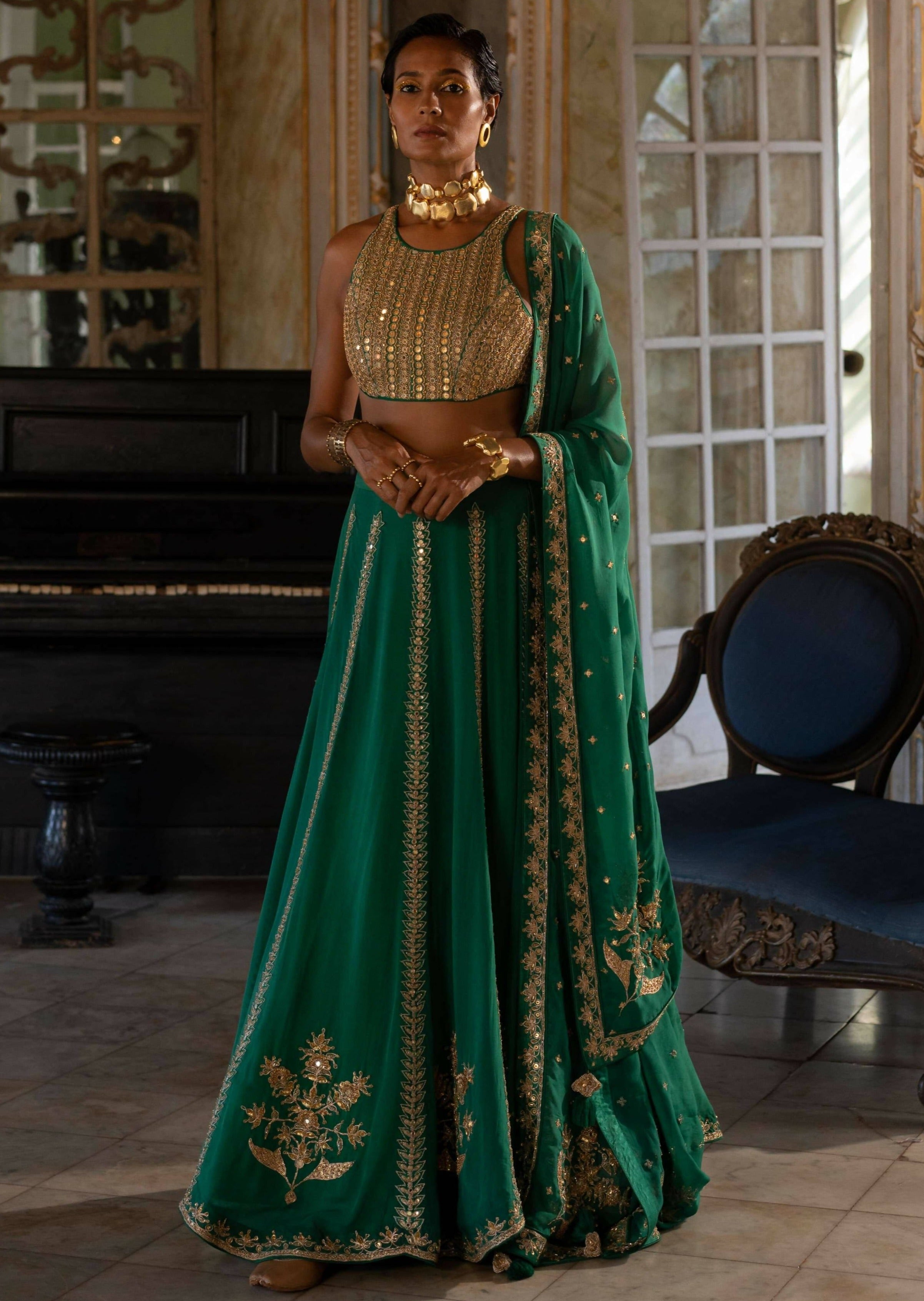 Emerald Green Mirror Lehenga Set