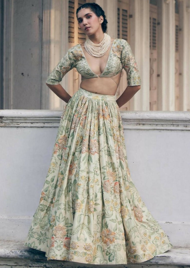 Ivory Orange Floral Lehenga Set