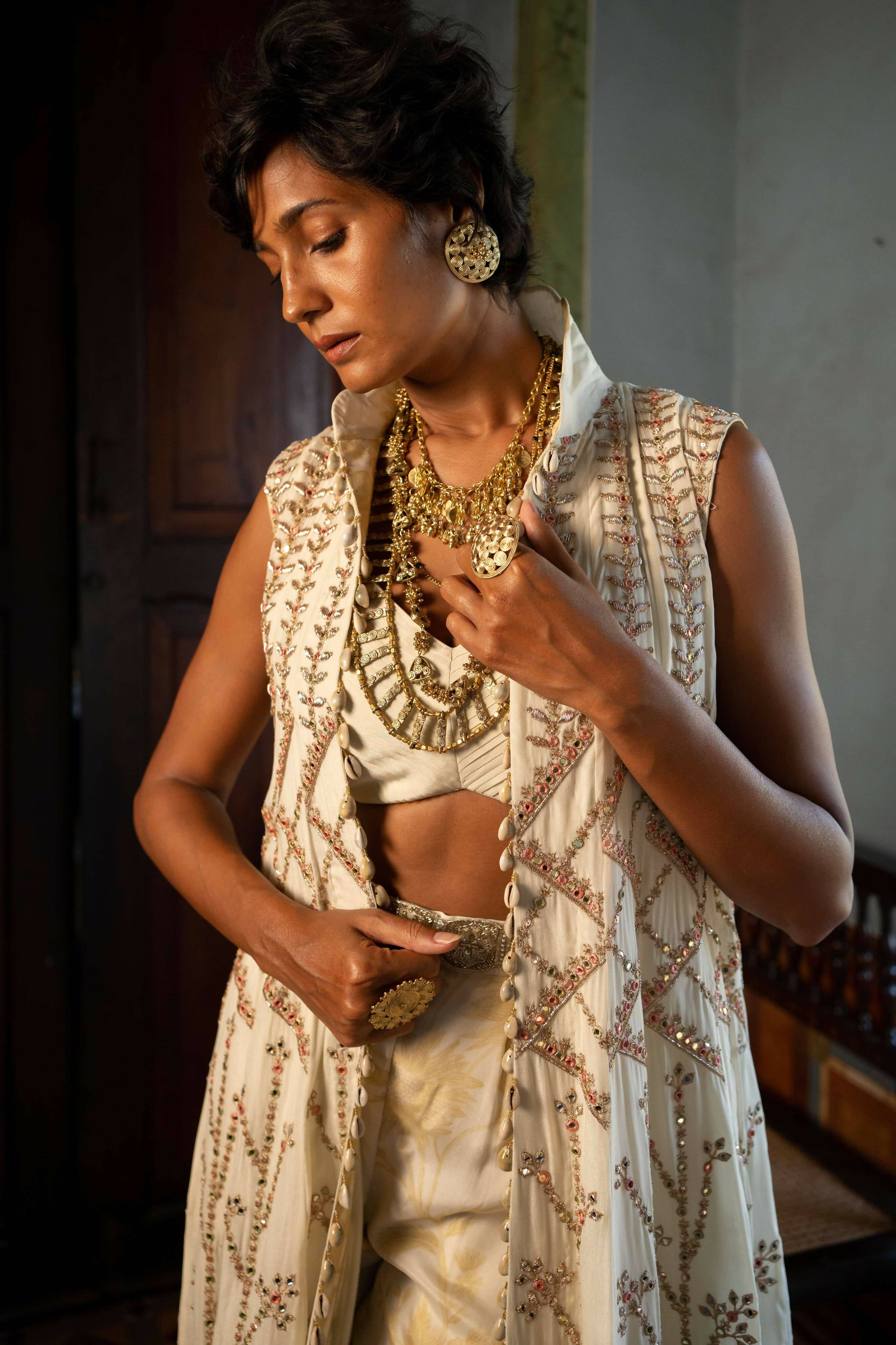 Ivory Floral Long Jacket Set