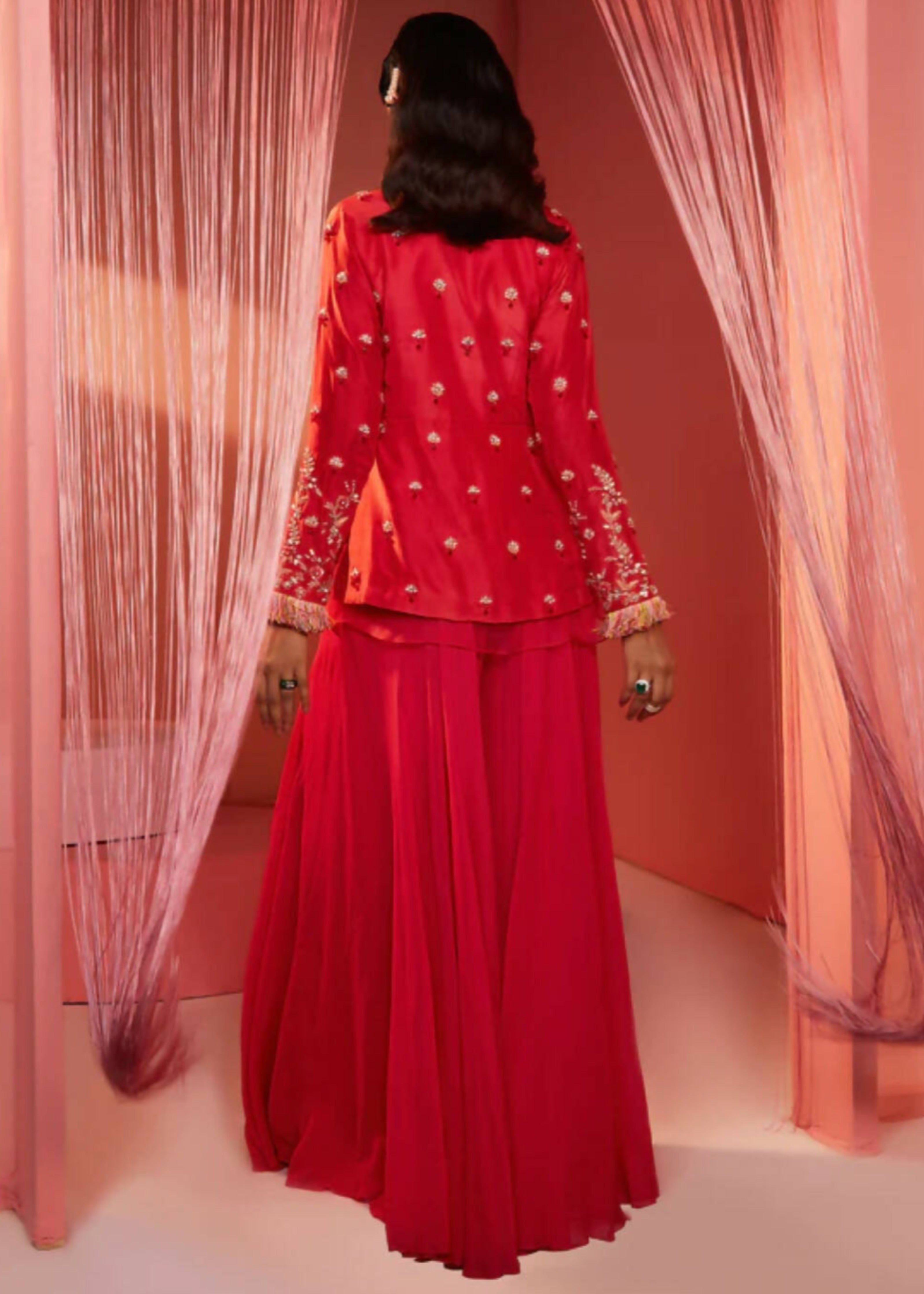 Coral Red Peplum Jacket with Palazzo Set