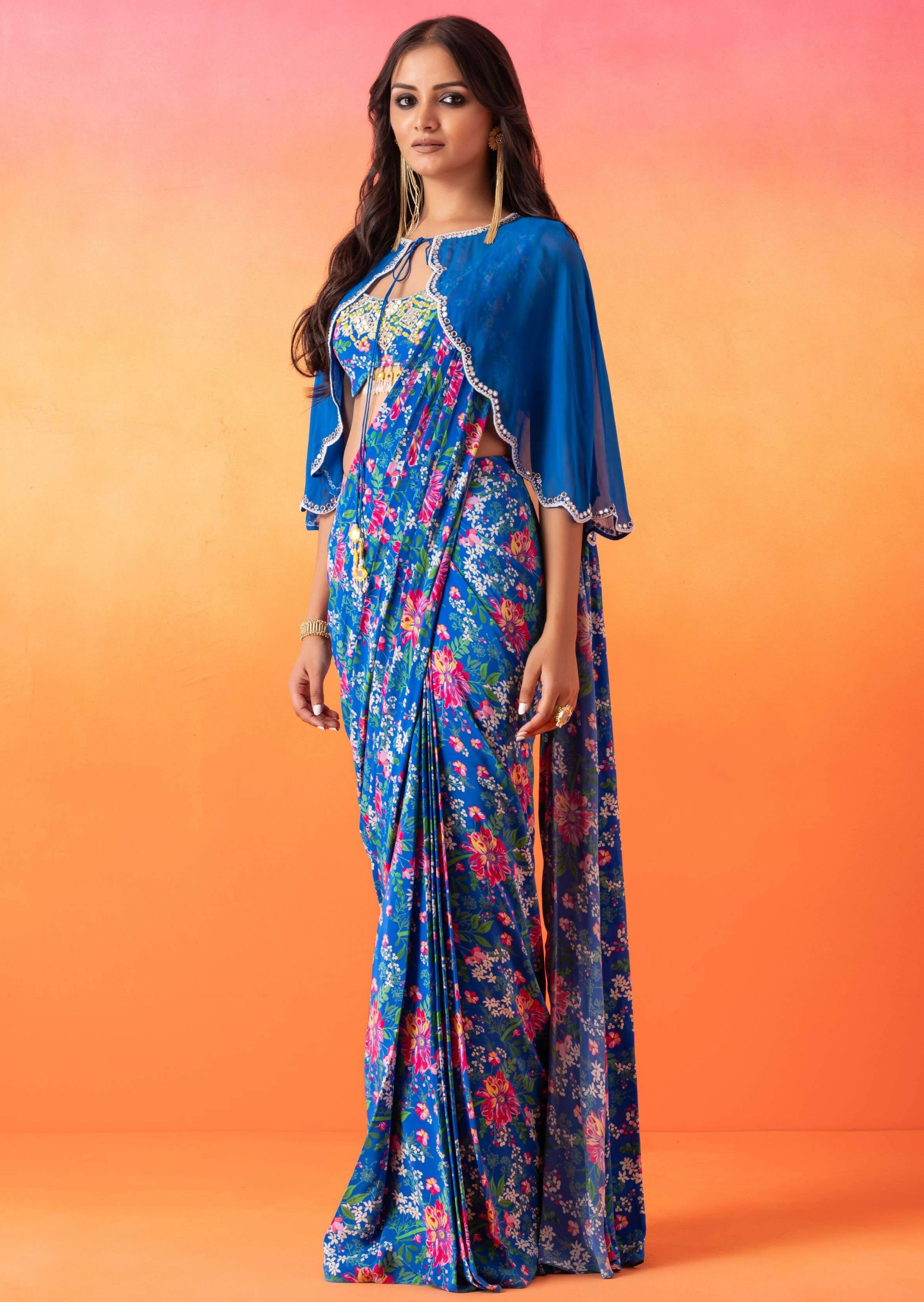Electric Blue Floral Printed Sari Set