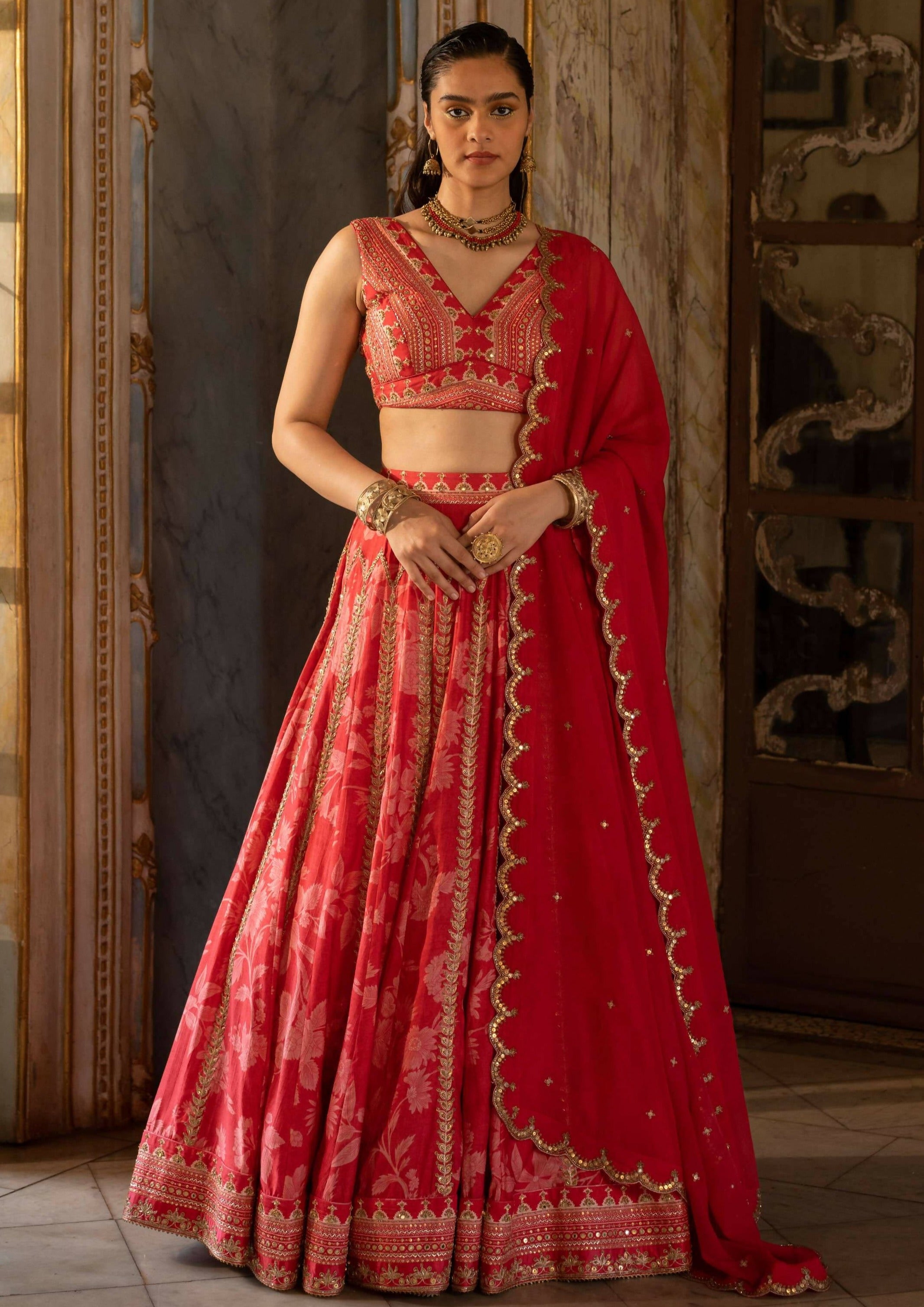 Red Mono Floral Lehenga Set