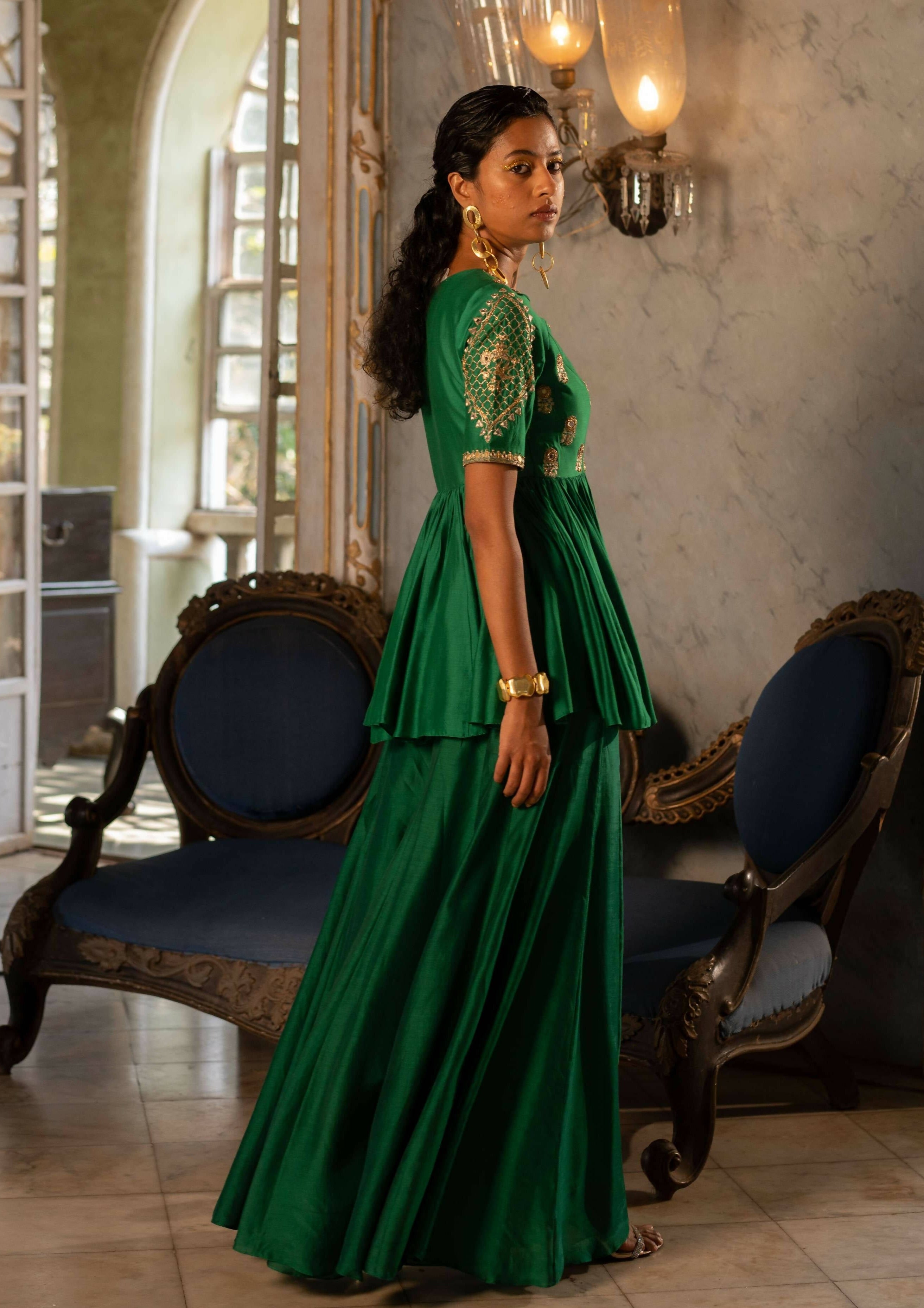 Emerald Green Motif Peplum Set