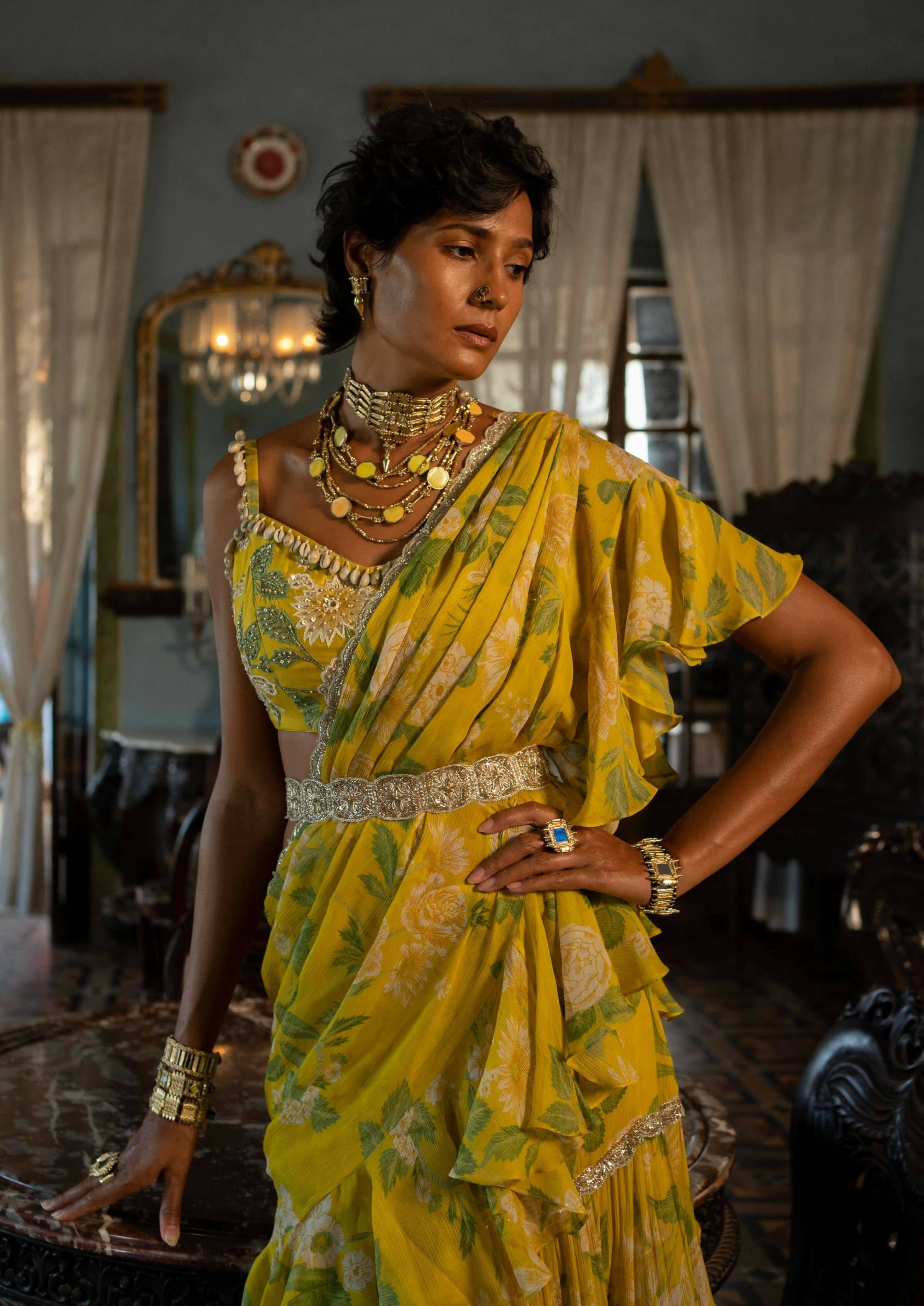 Yellow Mint Ruffle Sari Set