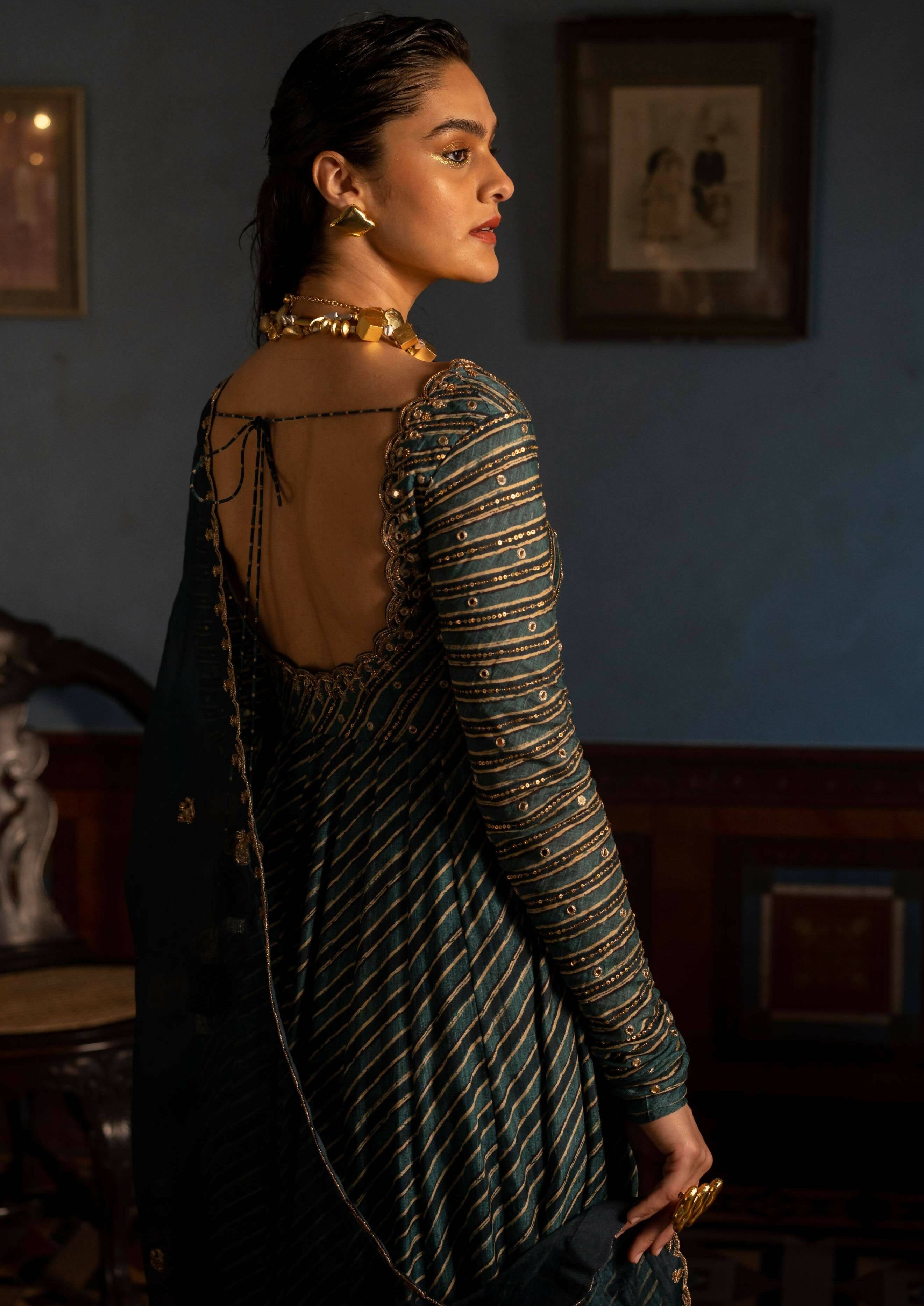 Teal Blue Lehriya Printed Anarkali Set