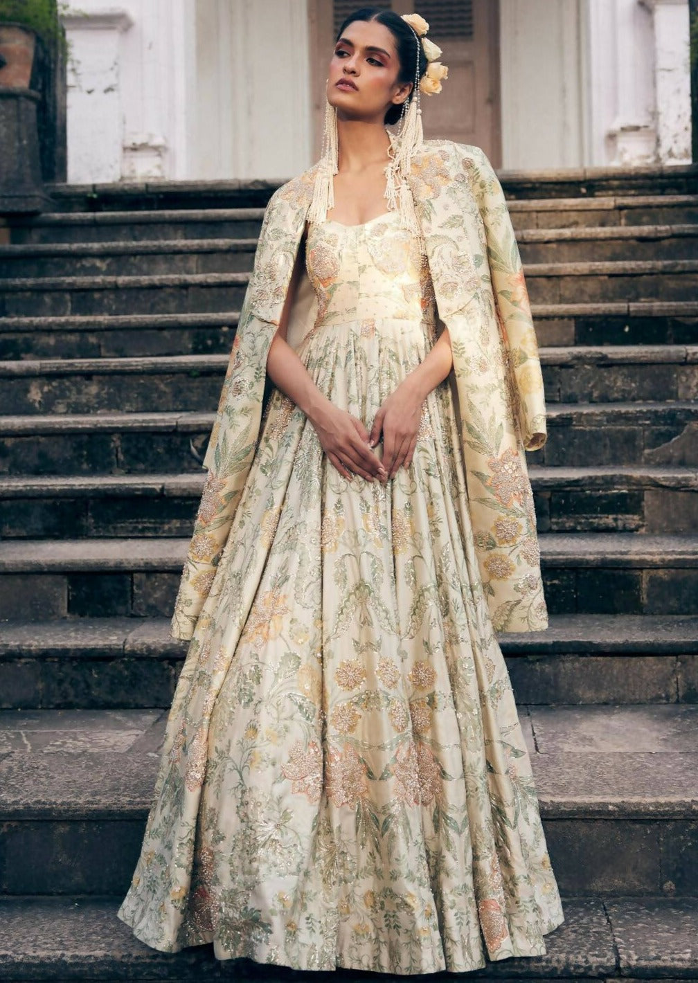 Ivory Orange Floral Anarkali with Long Jacket