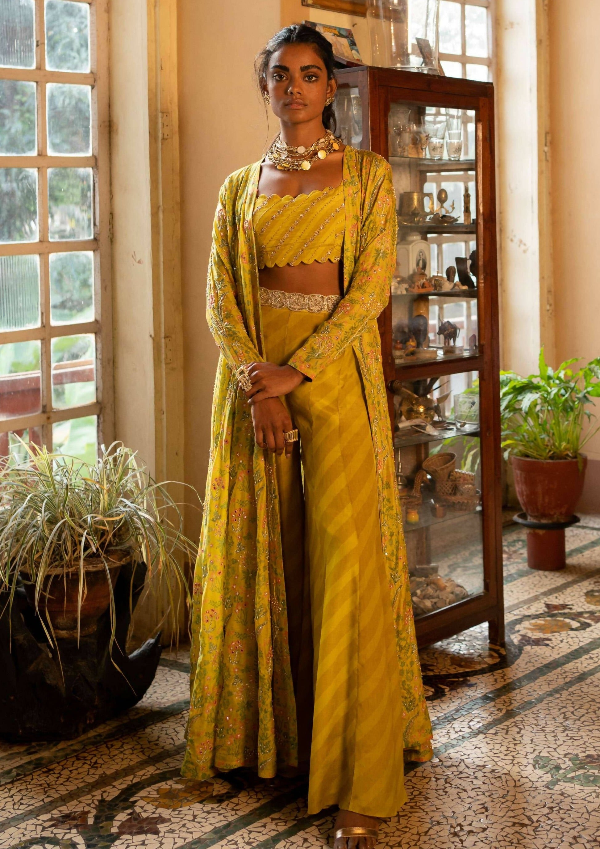 Yellow Tropical Print Jacket Set