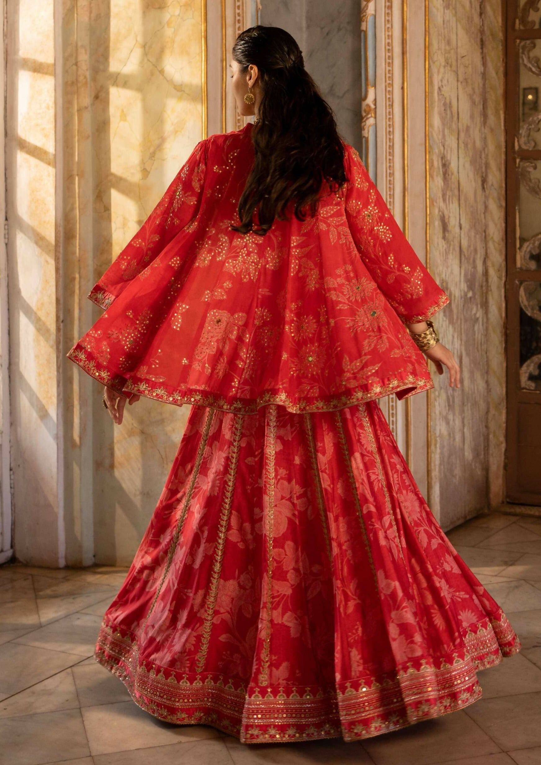 Red Mono Floral Lehenga Set