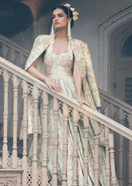 Ivory Orange Floral Anarkali with Long Jacket