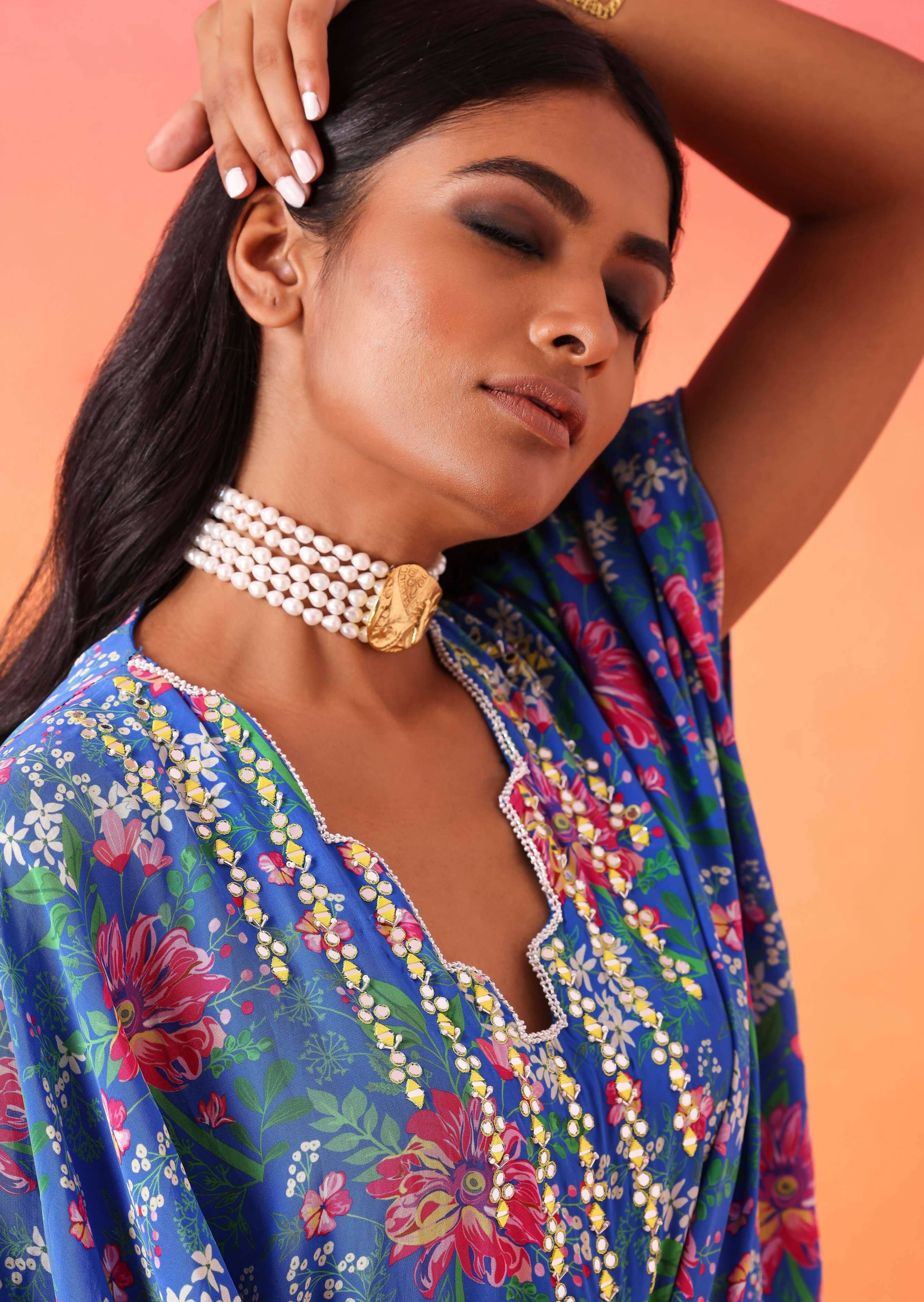 Electric Blue Floral Printed Kaftan