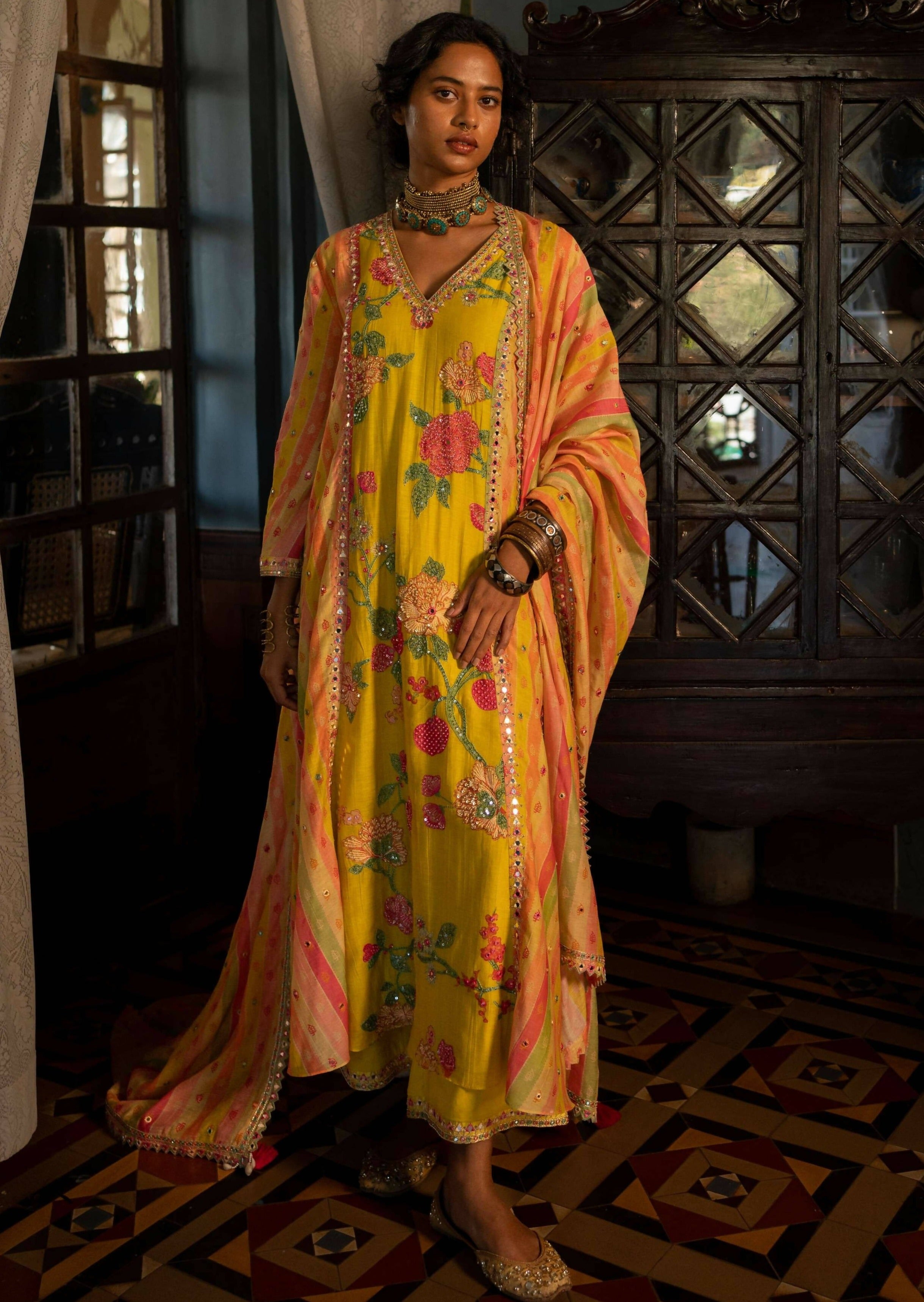 Floral Striped Kurta Set