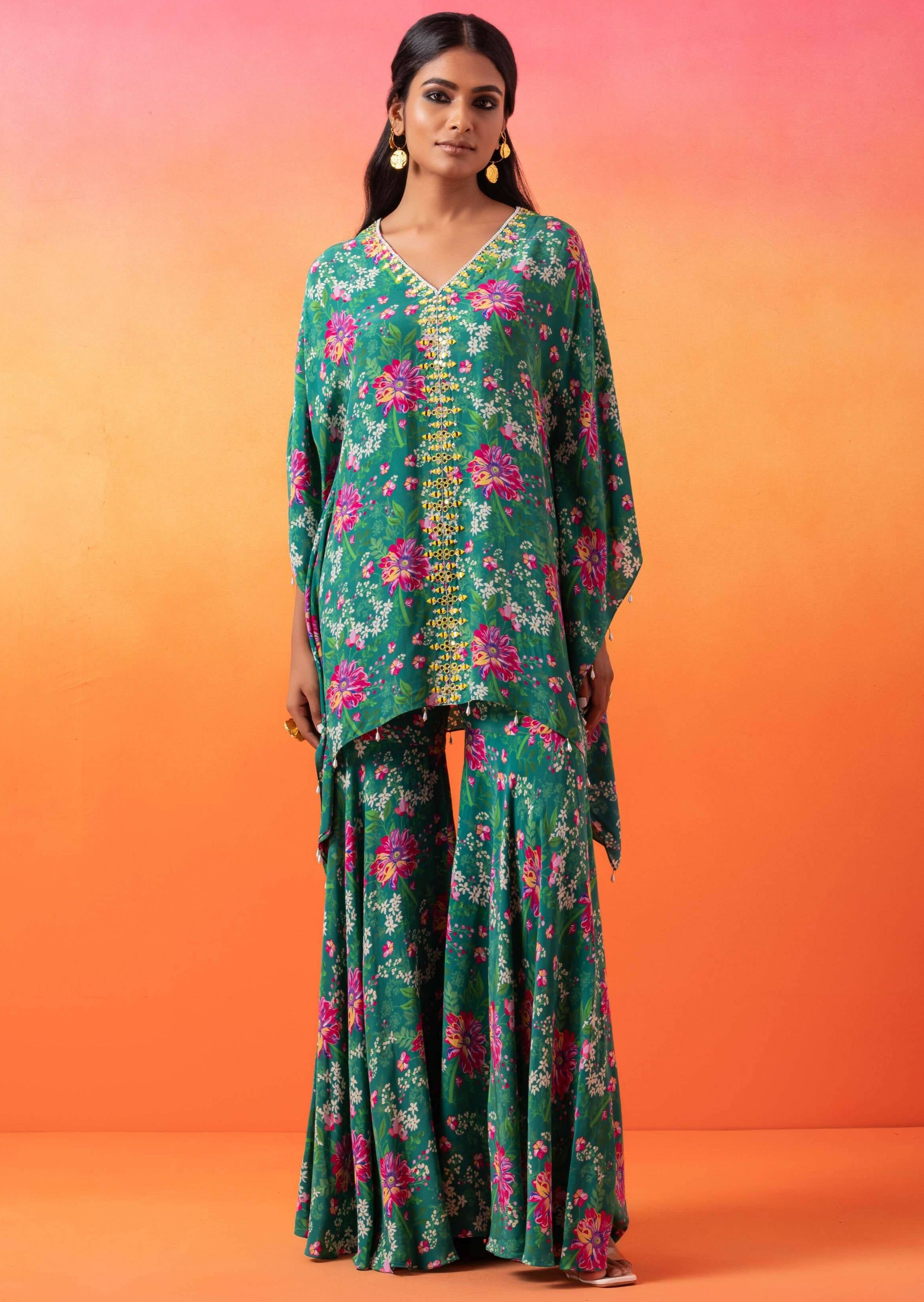 Emerald Green Floral Printed Kaftan with Gharara