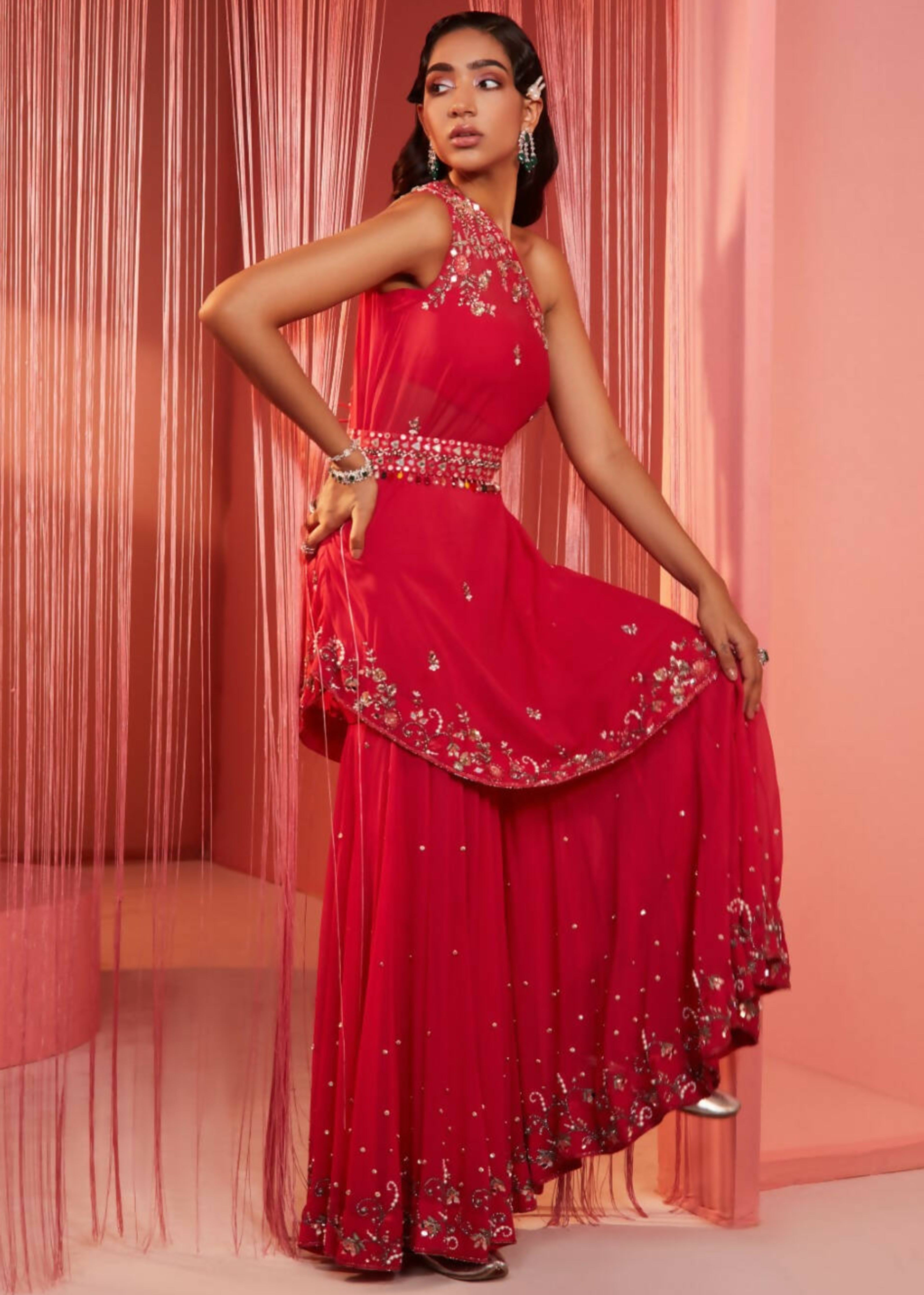 Coral Red One-Shoulder Sharara