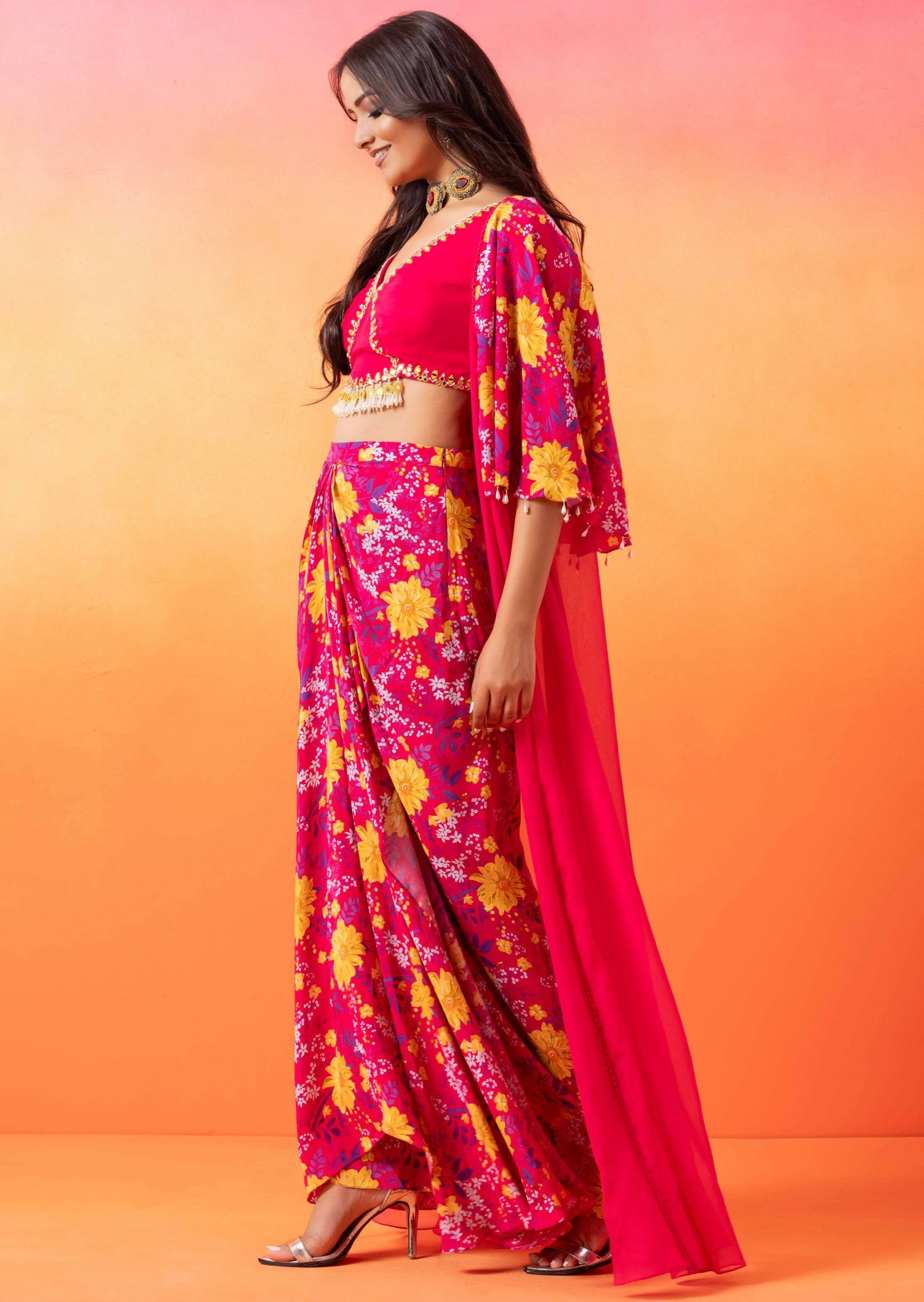 Fuschia Pink Floral Skirt Set