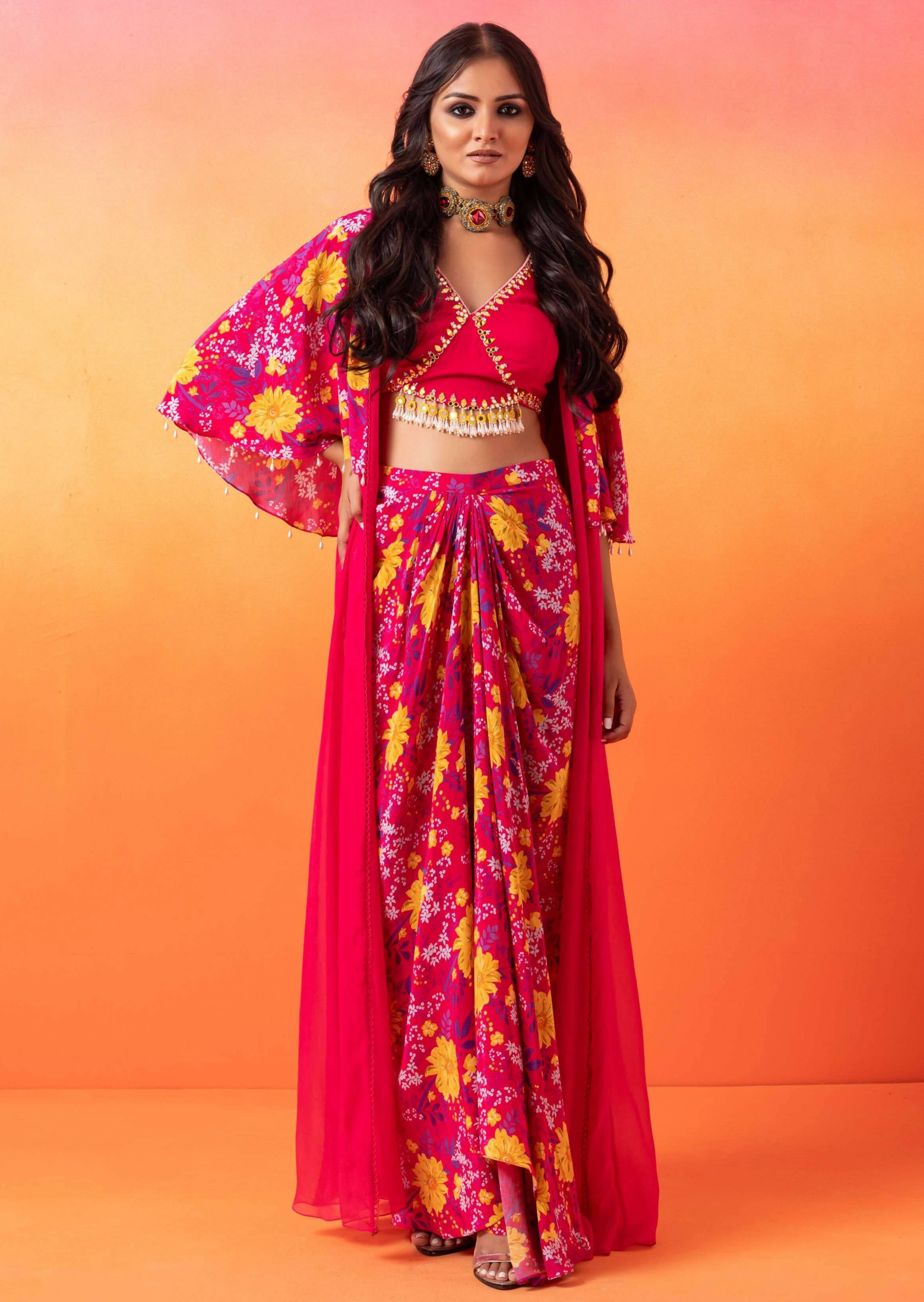 Fuschia Pink Floral Skirt Set