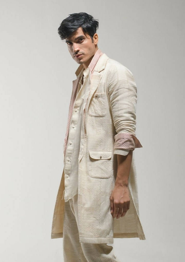 Beige Textured Overcoat