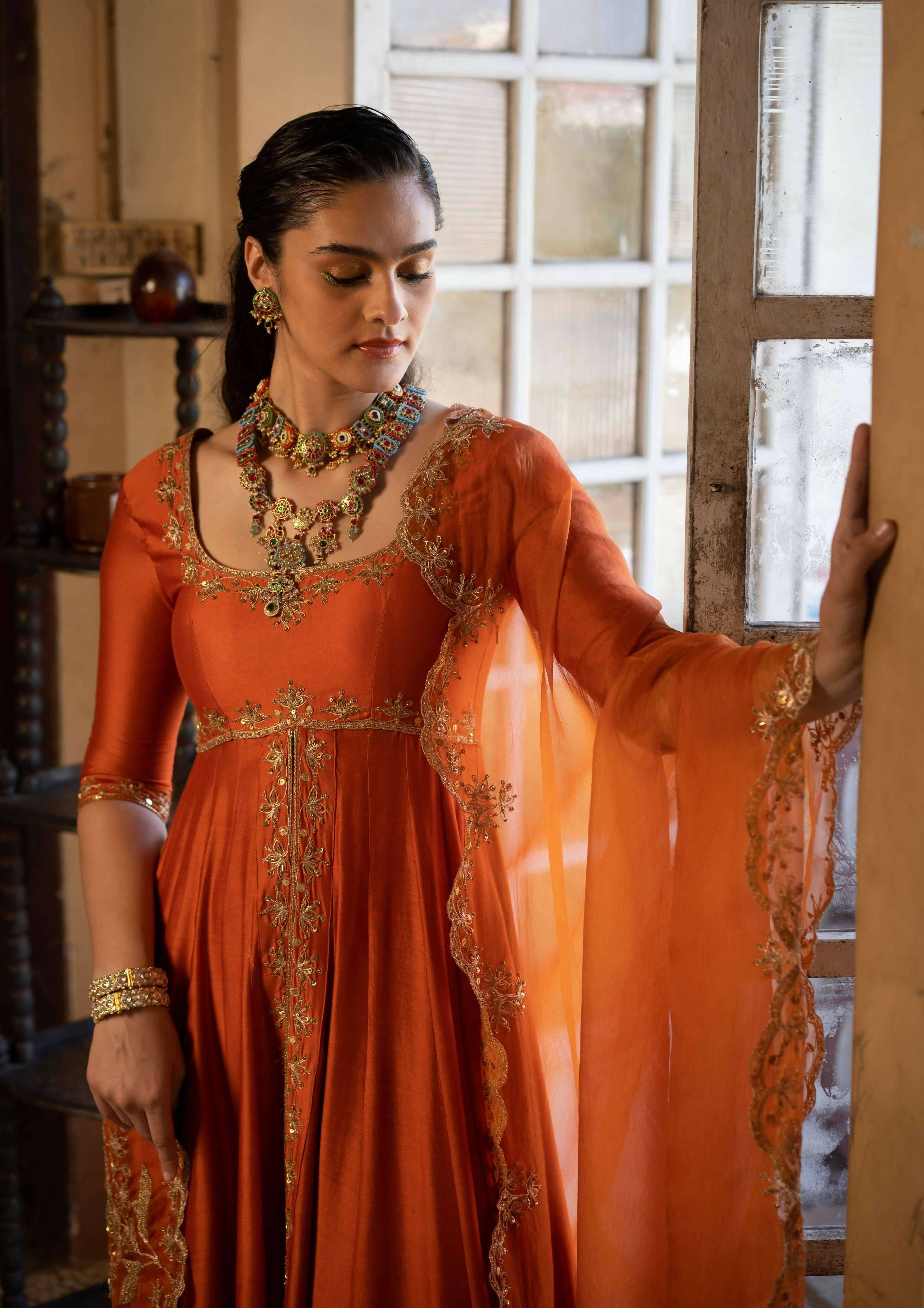 Burt Orange Anarkali Set