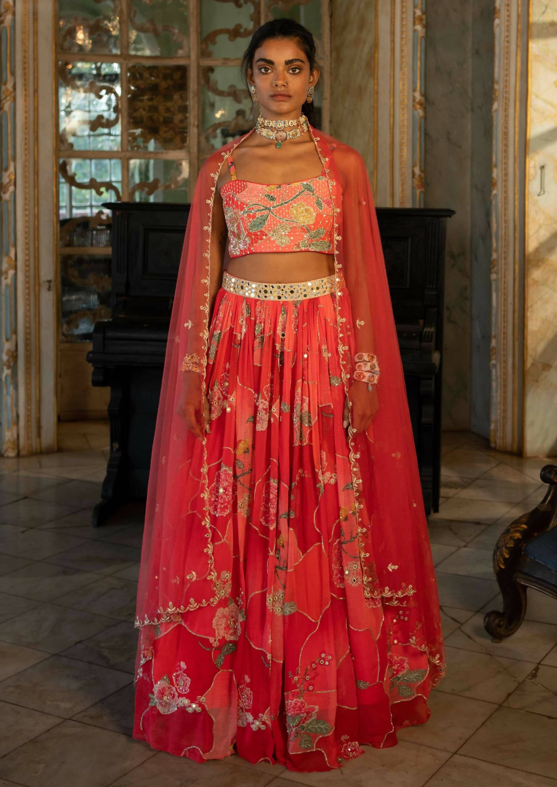 Red Nakhsa Printed Lehenga Set
