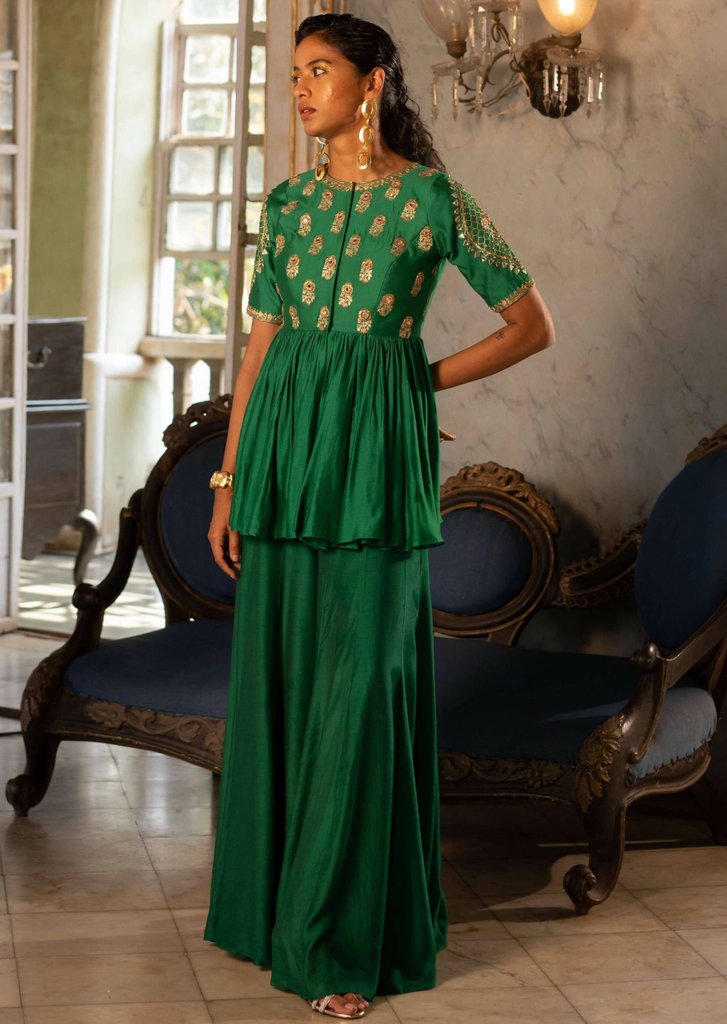 Emerald Green Motif Peplum Set