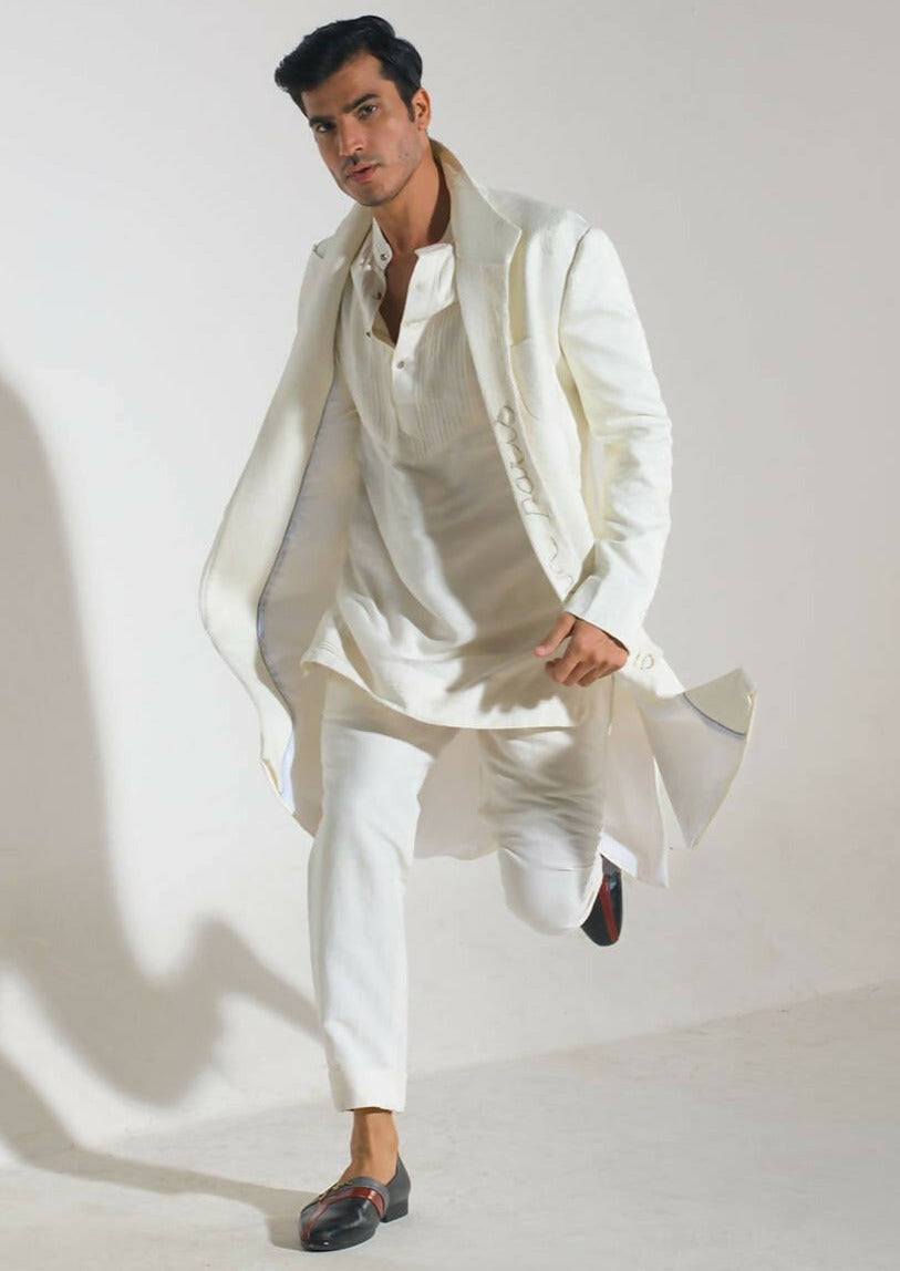 Ivory Textured Overcoat Set