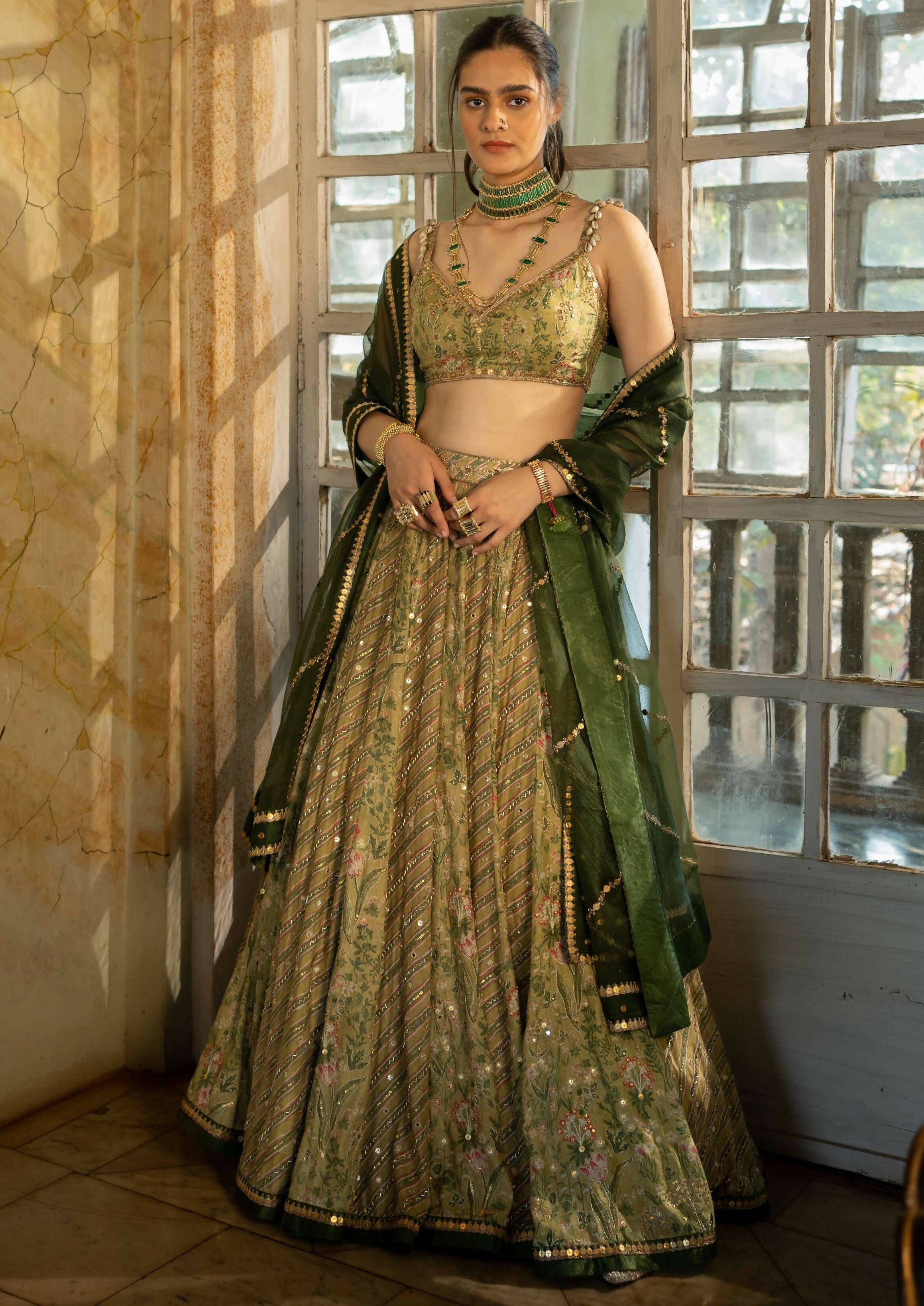 Sage Green Tropical Printed Lehenga Set