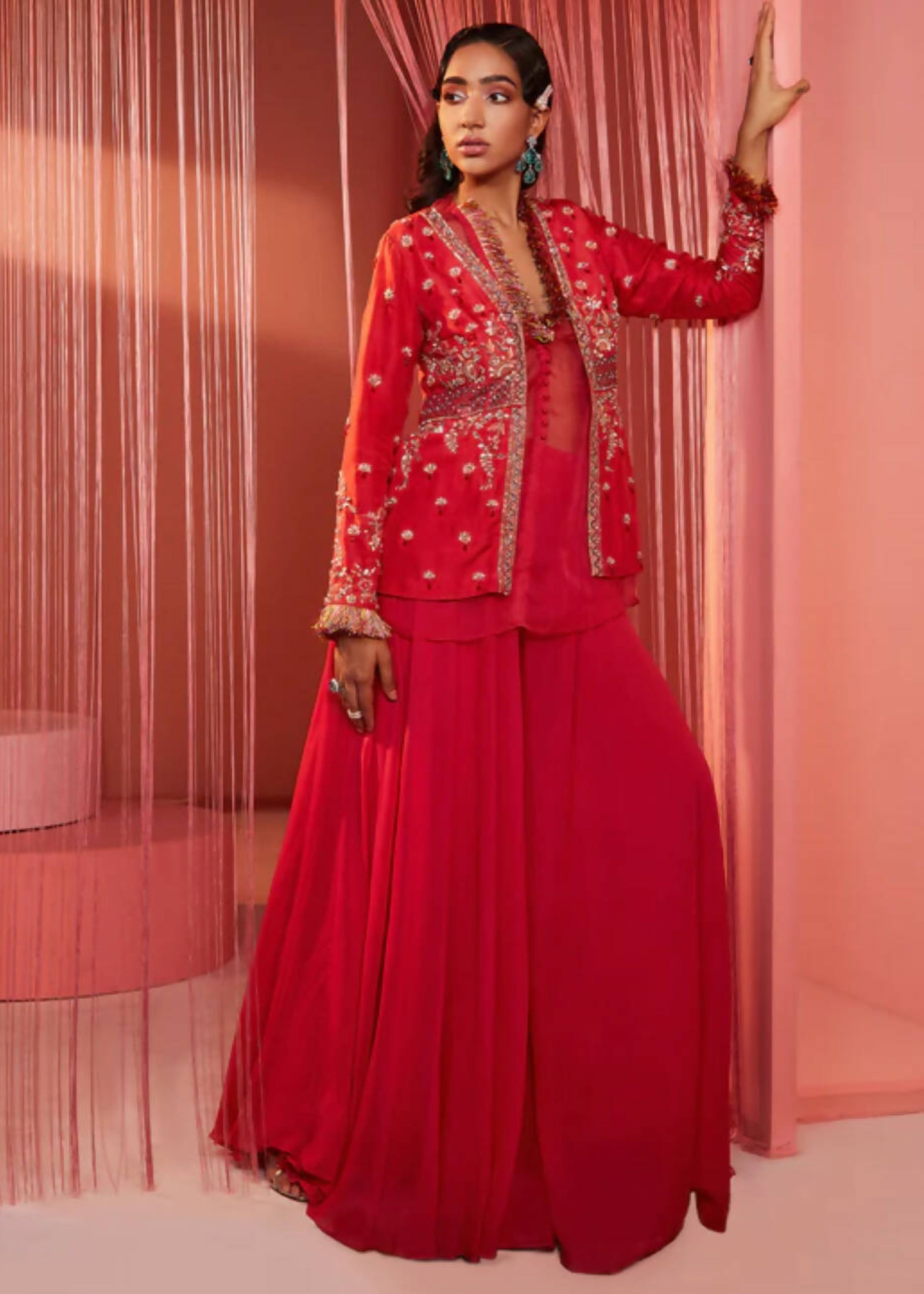 Coral Red Peplum Jacket with Palazzo Set