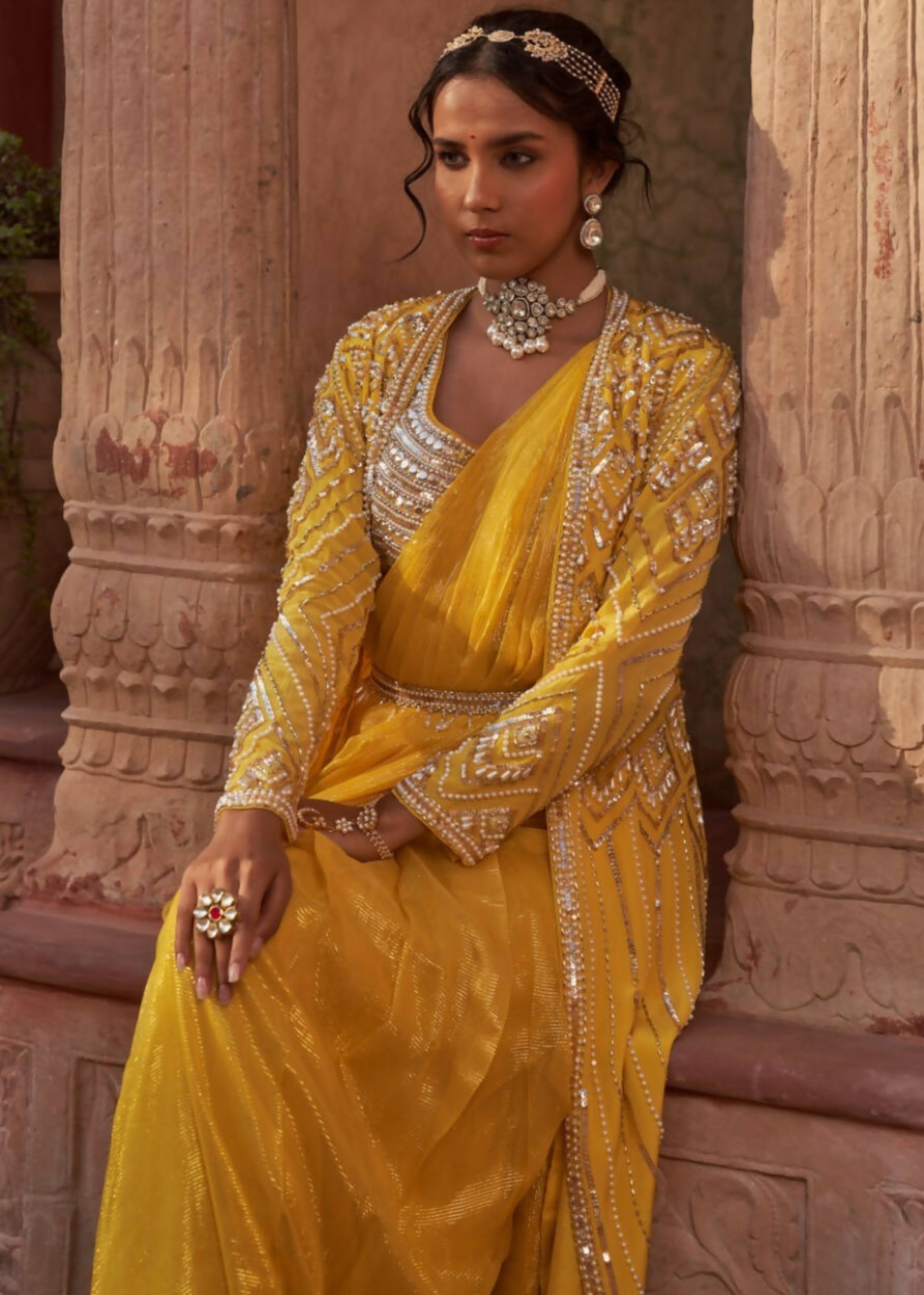 Yellow Subh Bela Cape Sari Set