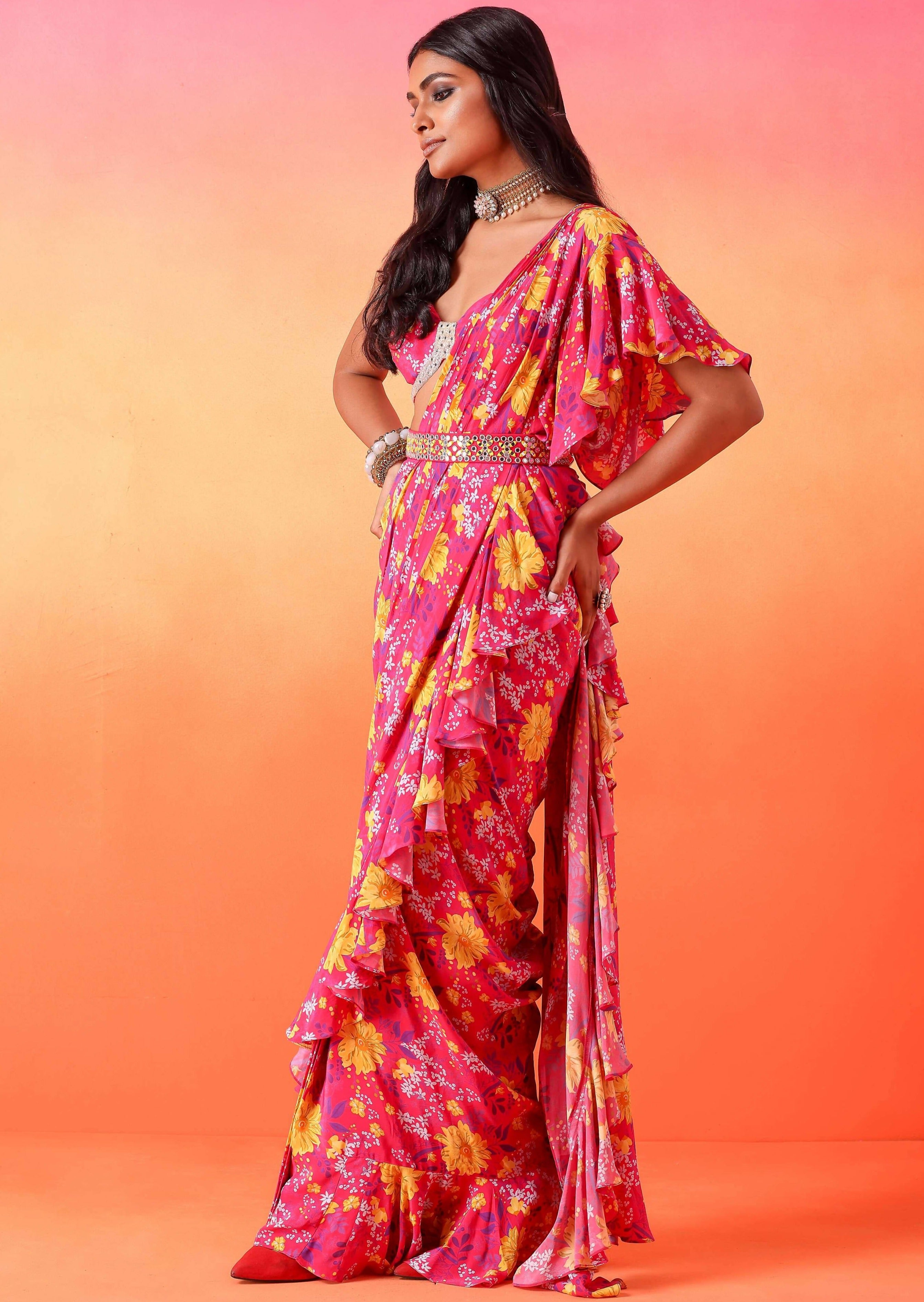 Fuschia Pink Floral Printed Ruffle Sari Set