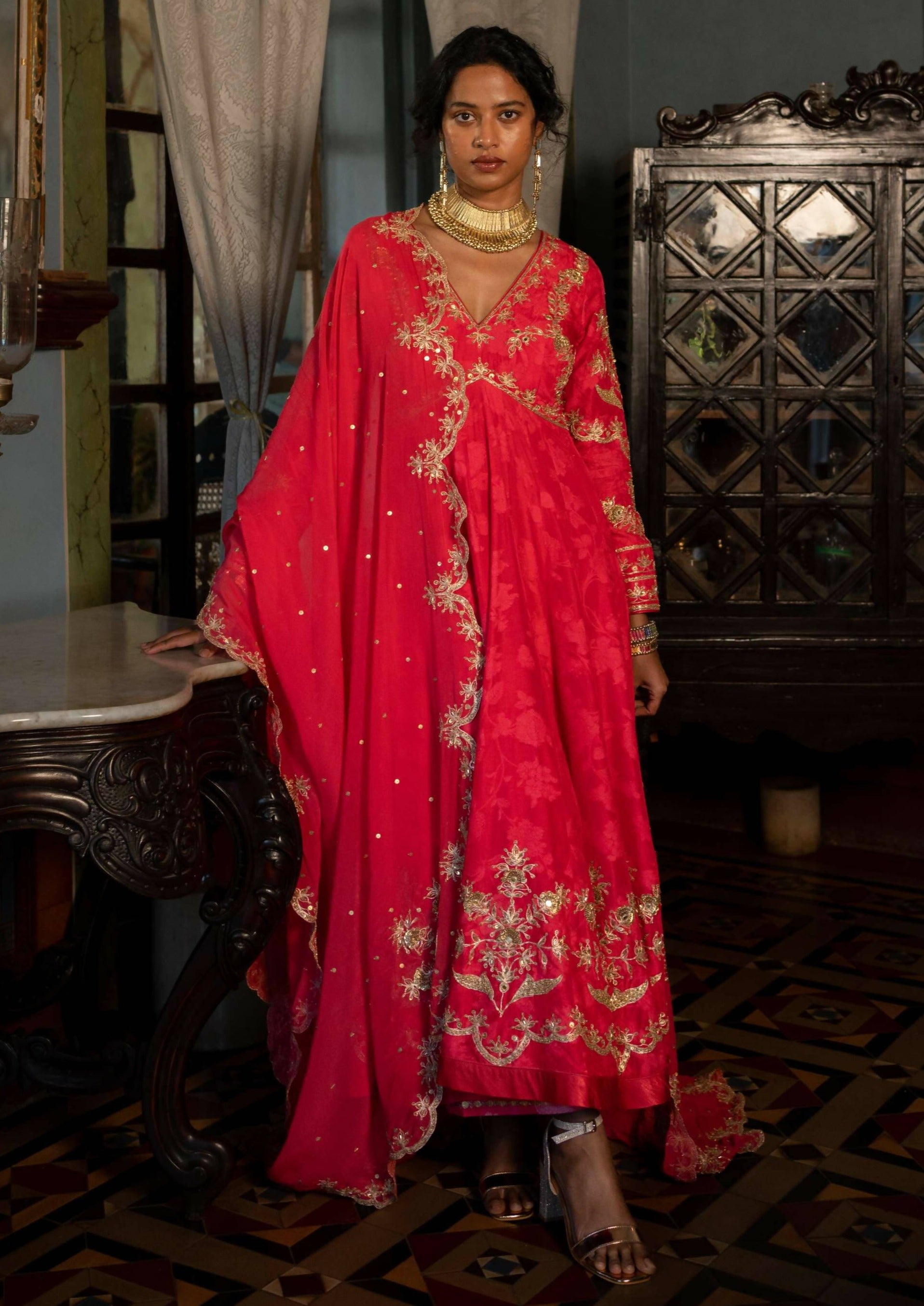 Red Anarkali Set