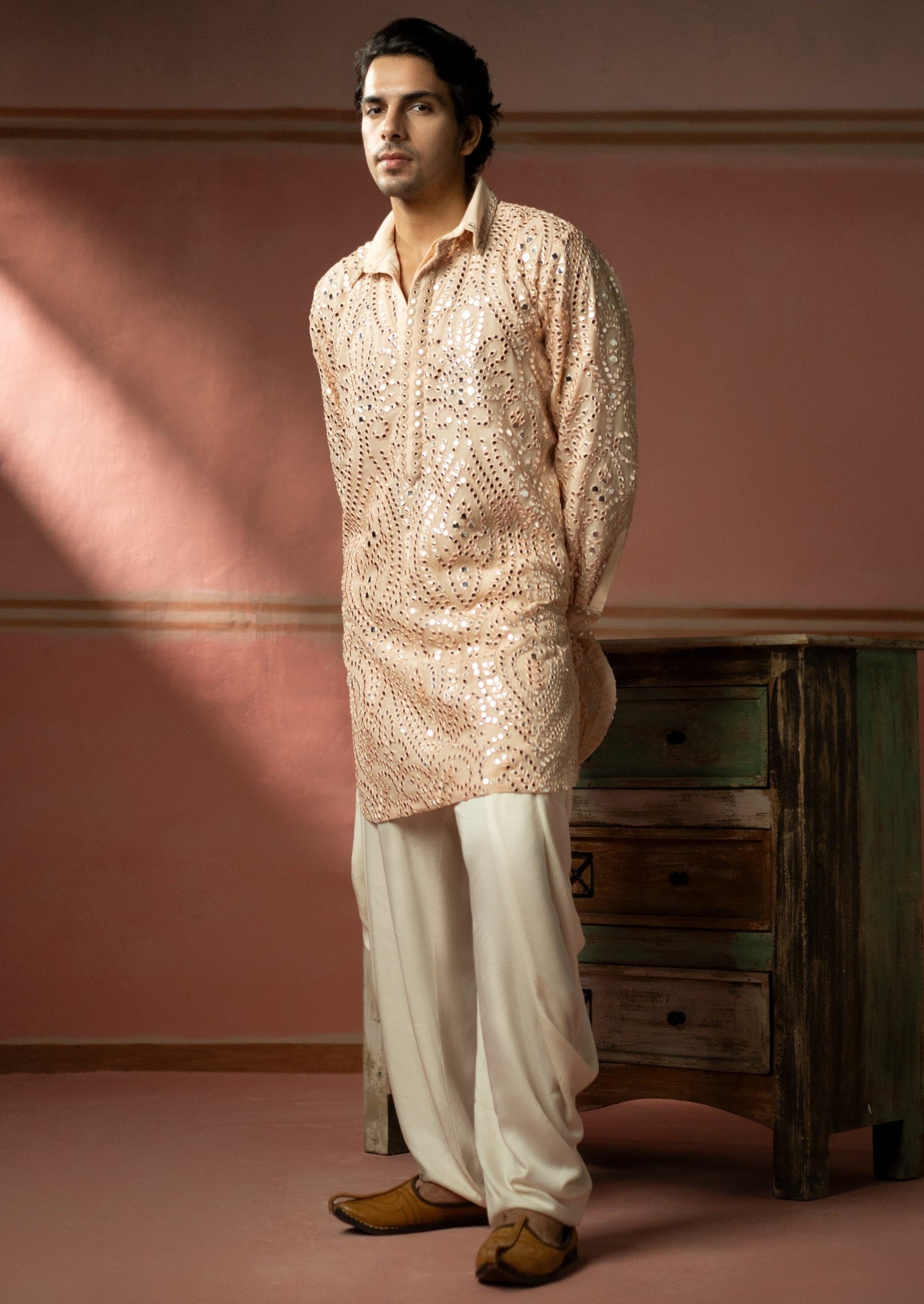 Blush Peach Mirrorwork Pathan Suit