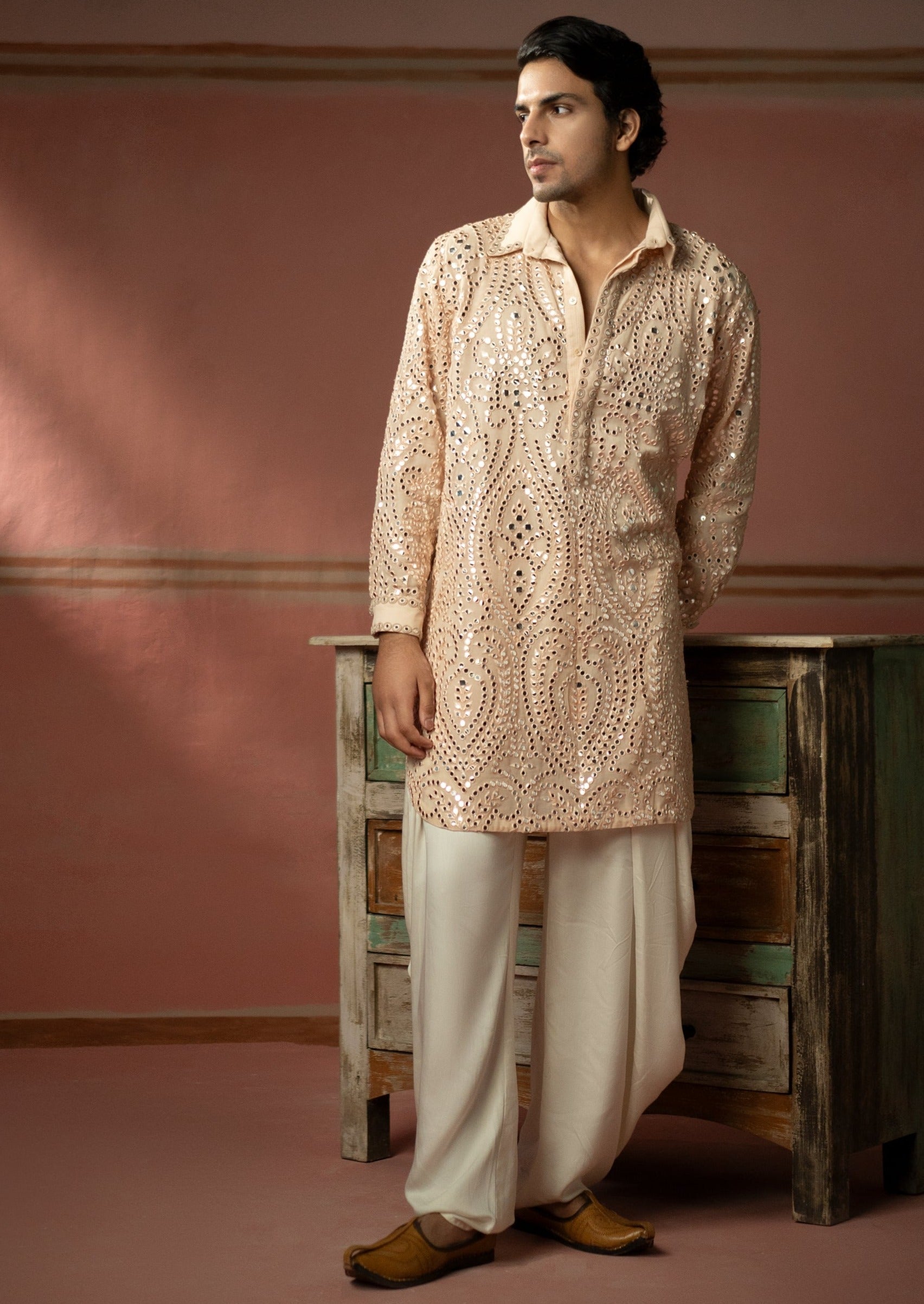 Blush Peach Mirrorwork Pathan Suit