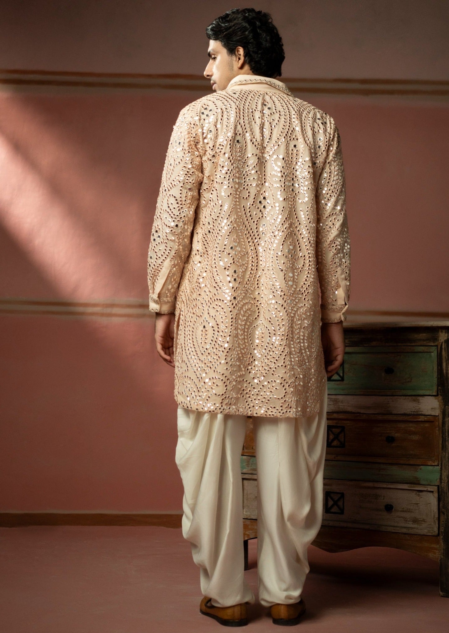 Blush Peach Mirrorwork Pathan Suit