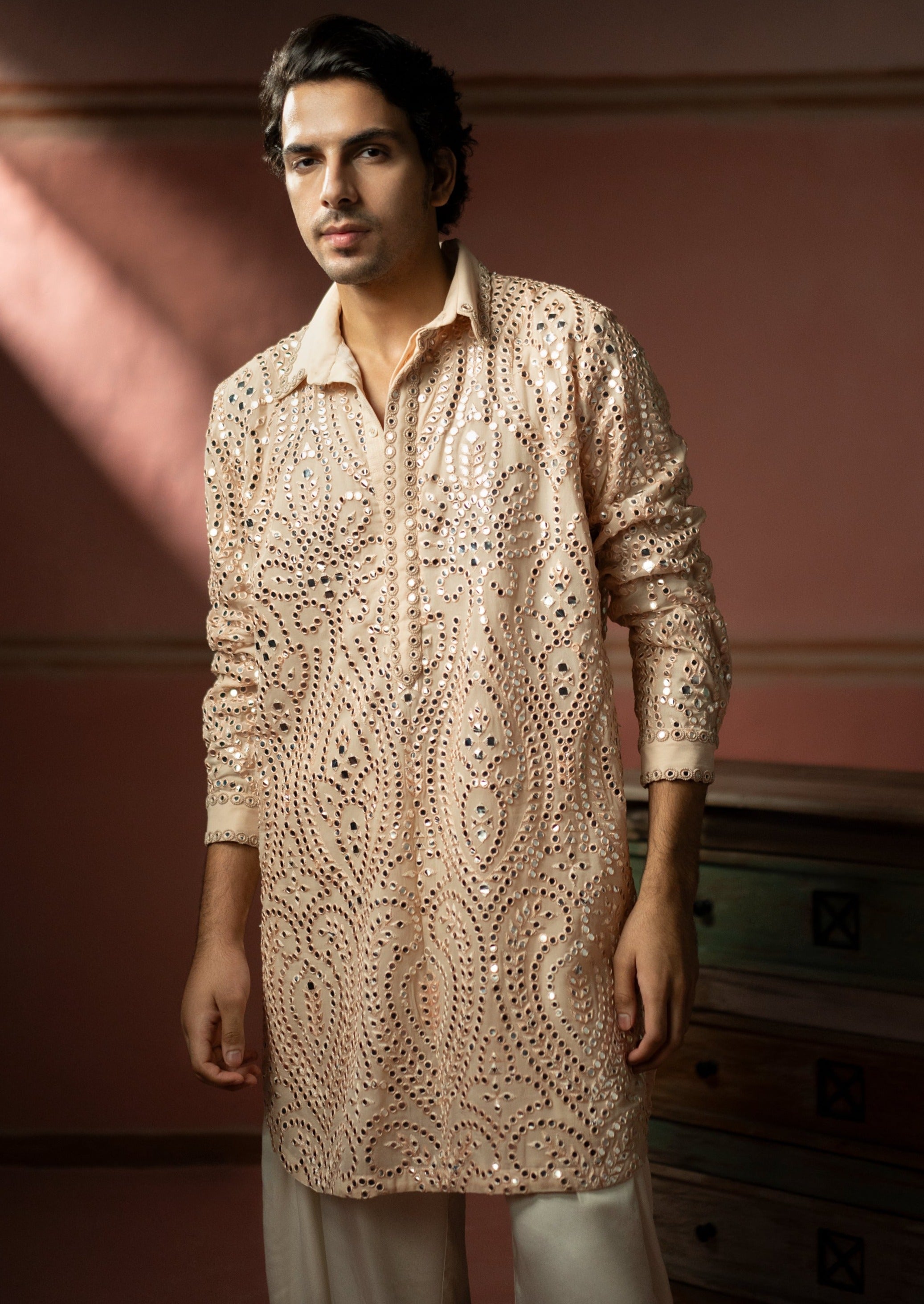 Blush Peach Mirrorwork Pathan Suit