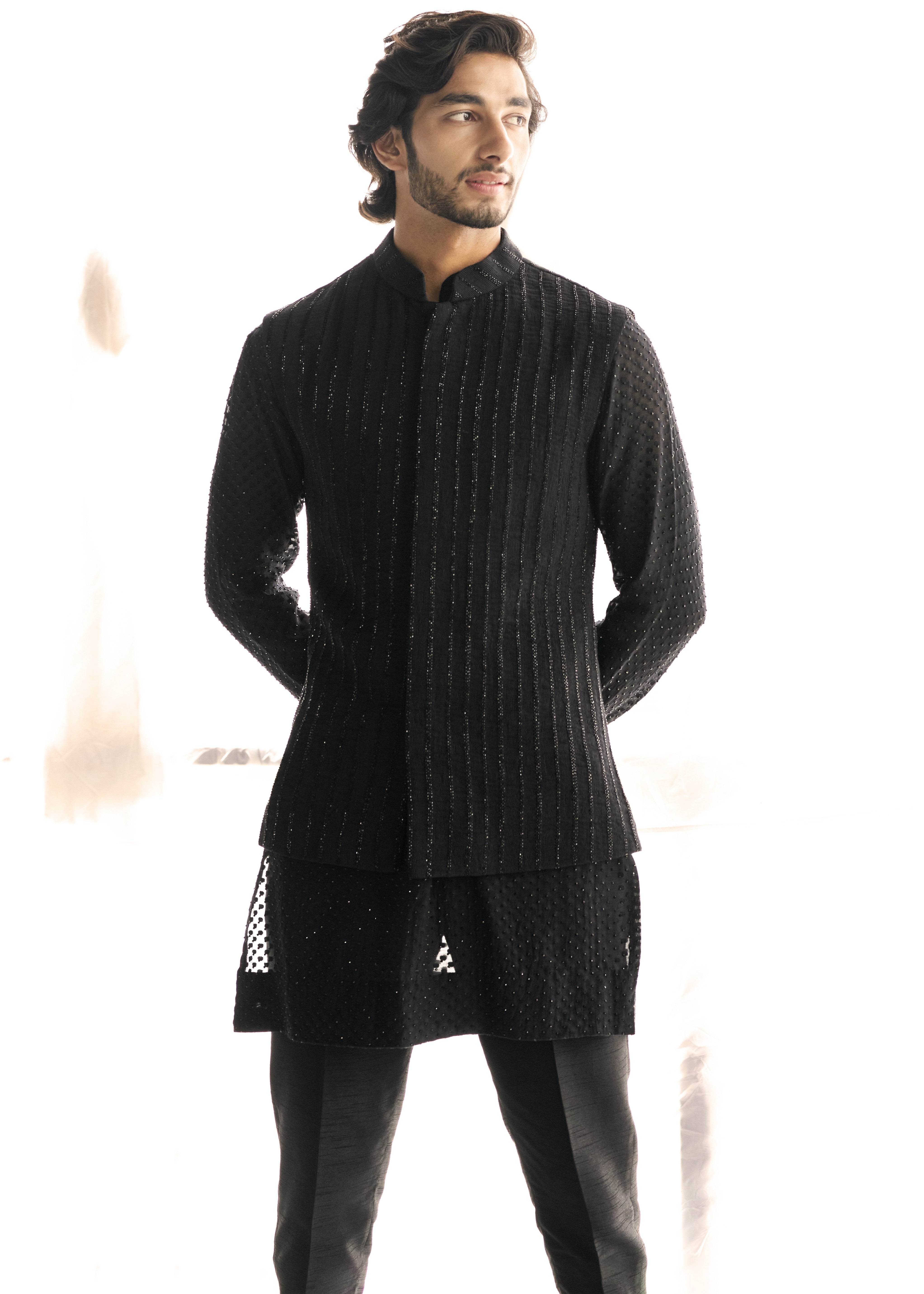 Black Cutdana Nehru Paired With Black Swarovski Kurta