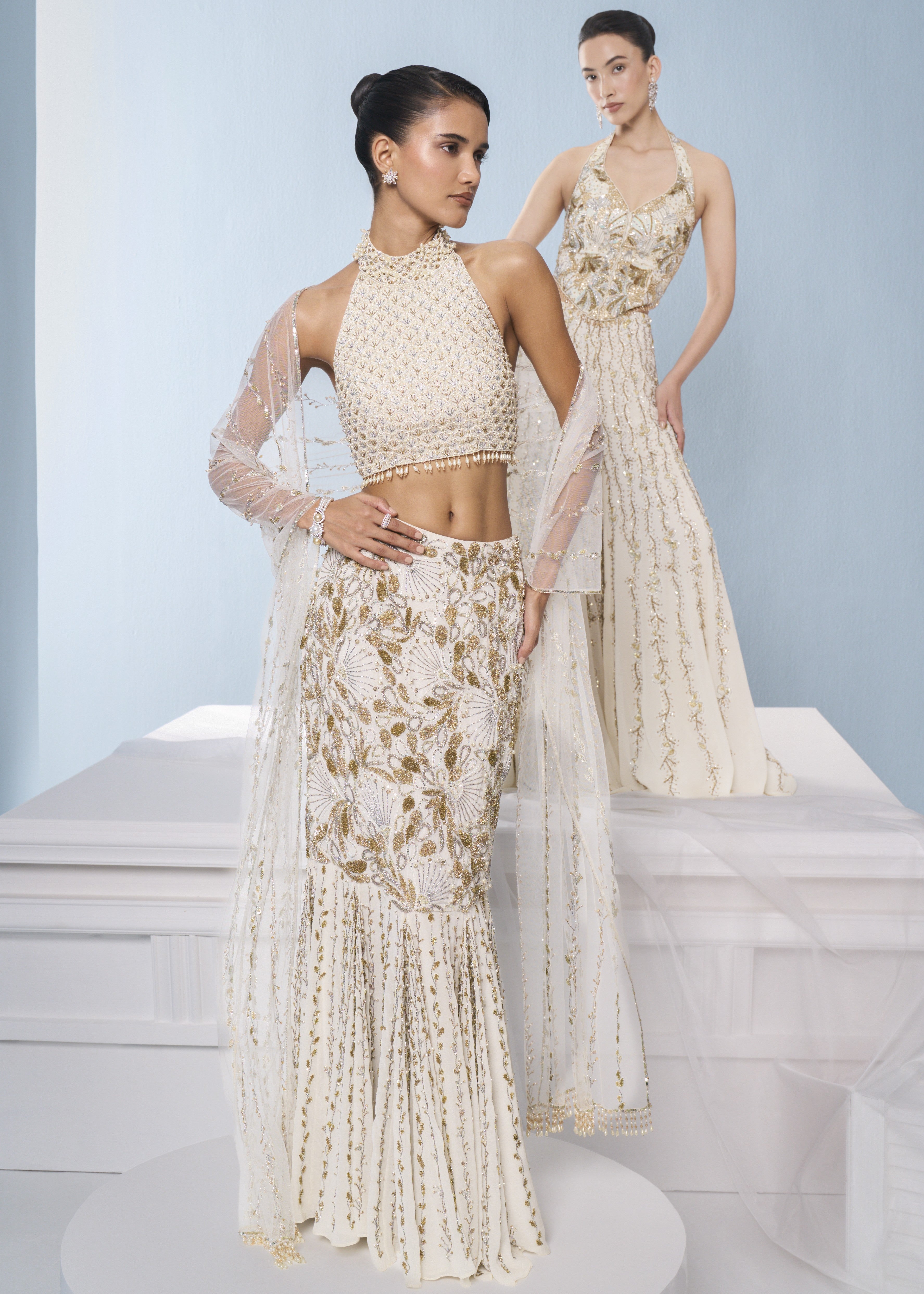 Ivory Georgette Fit And Flare Lehenga Set